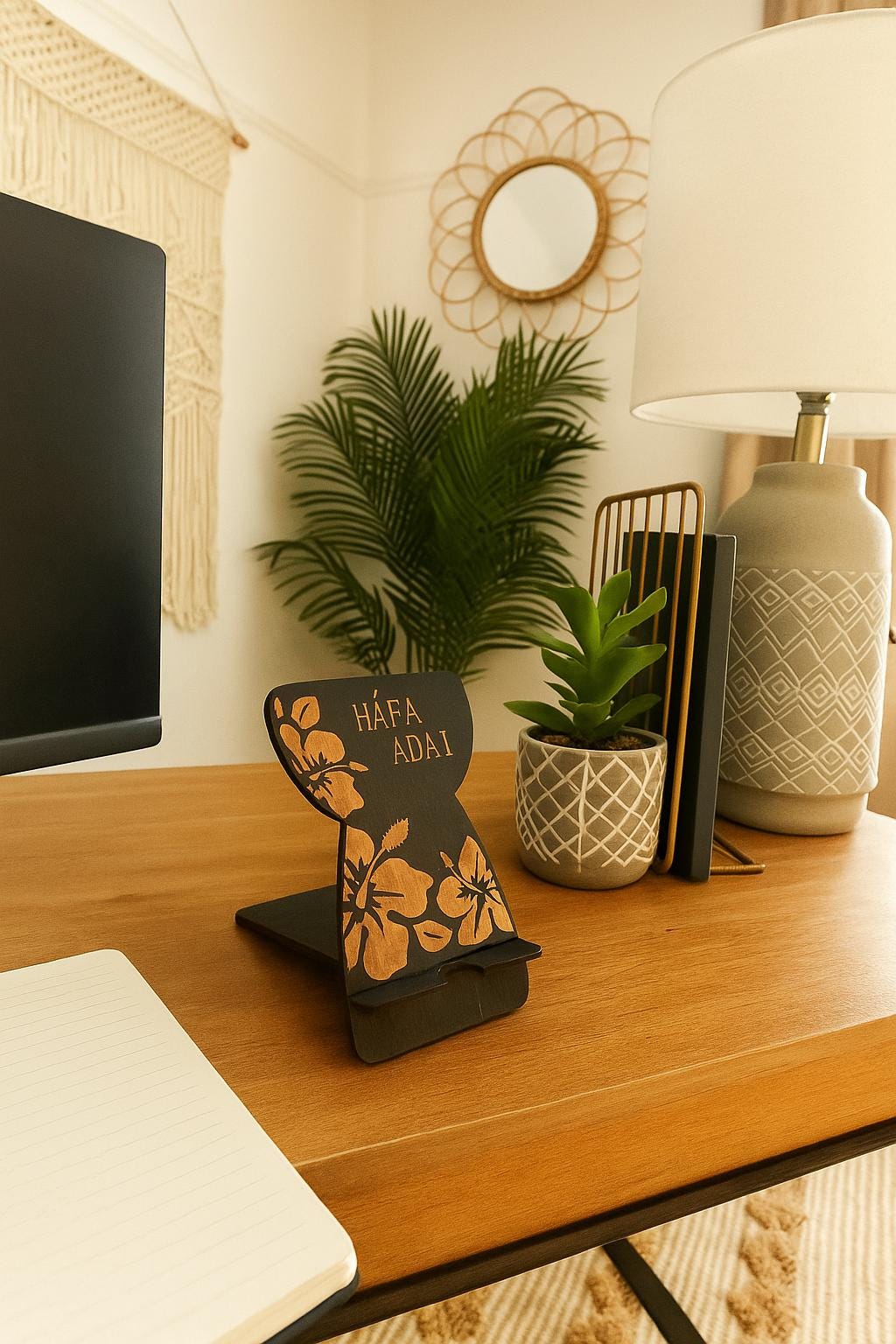 Customizable Micronesian, Polynesian Latte Stone Cell Phone Holder: Engraved Hibiscus Design