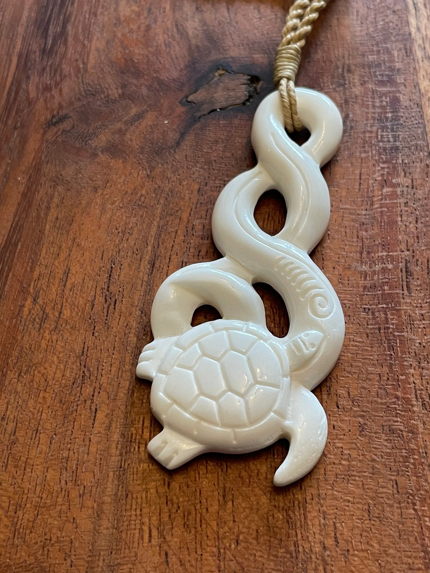 Hand Carved Buffalo Bone Turtle Pikorua Necklace, Adjustable Length