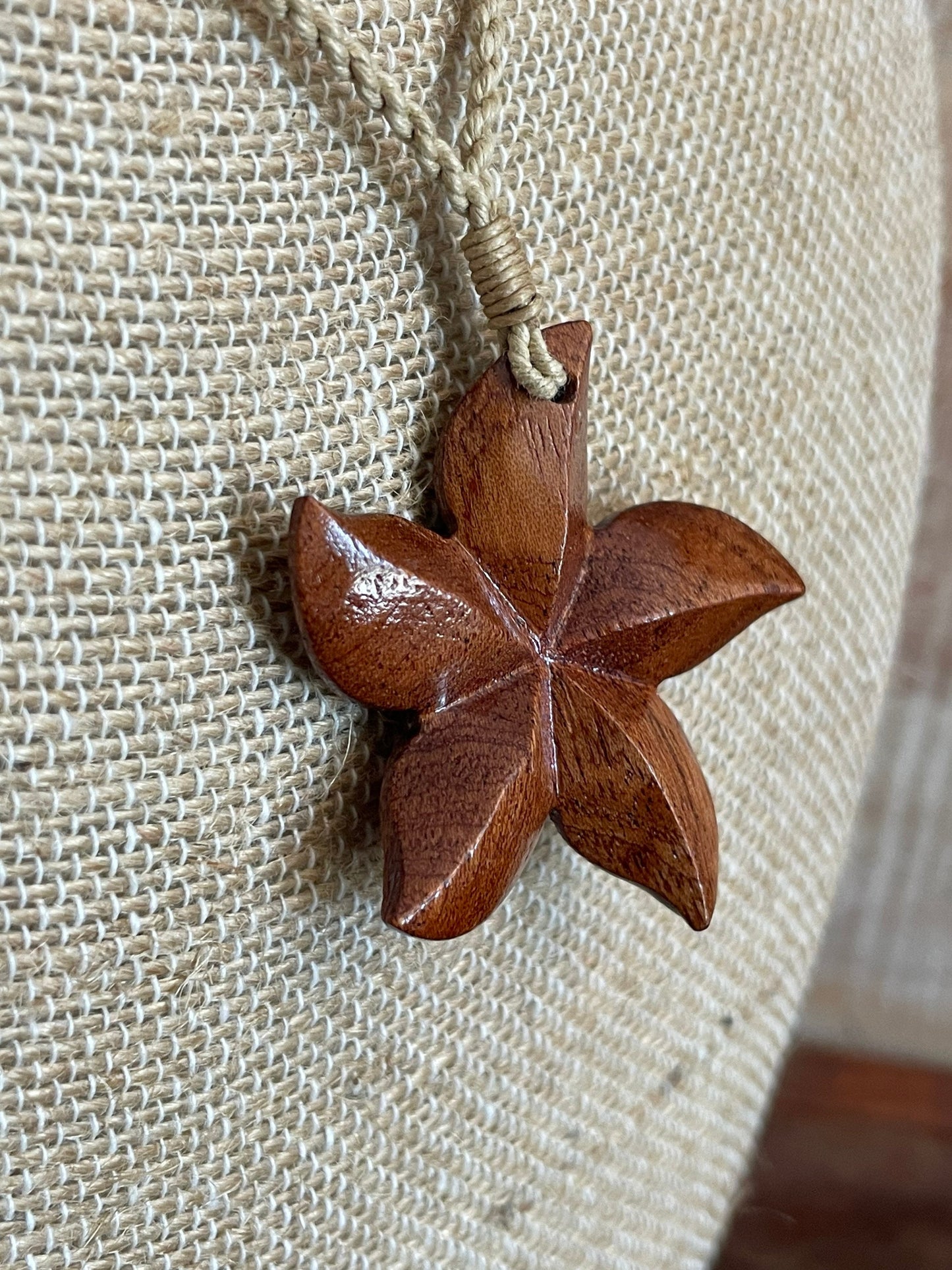 Hand Carved Koa Wood Plumeria Necklace - Adjustable Hemp Cord