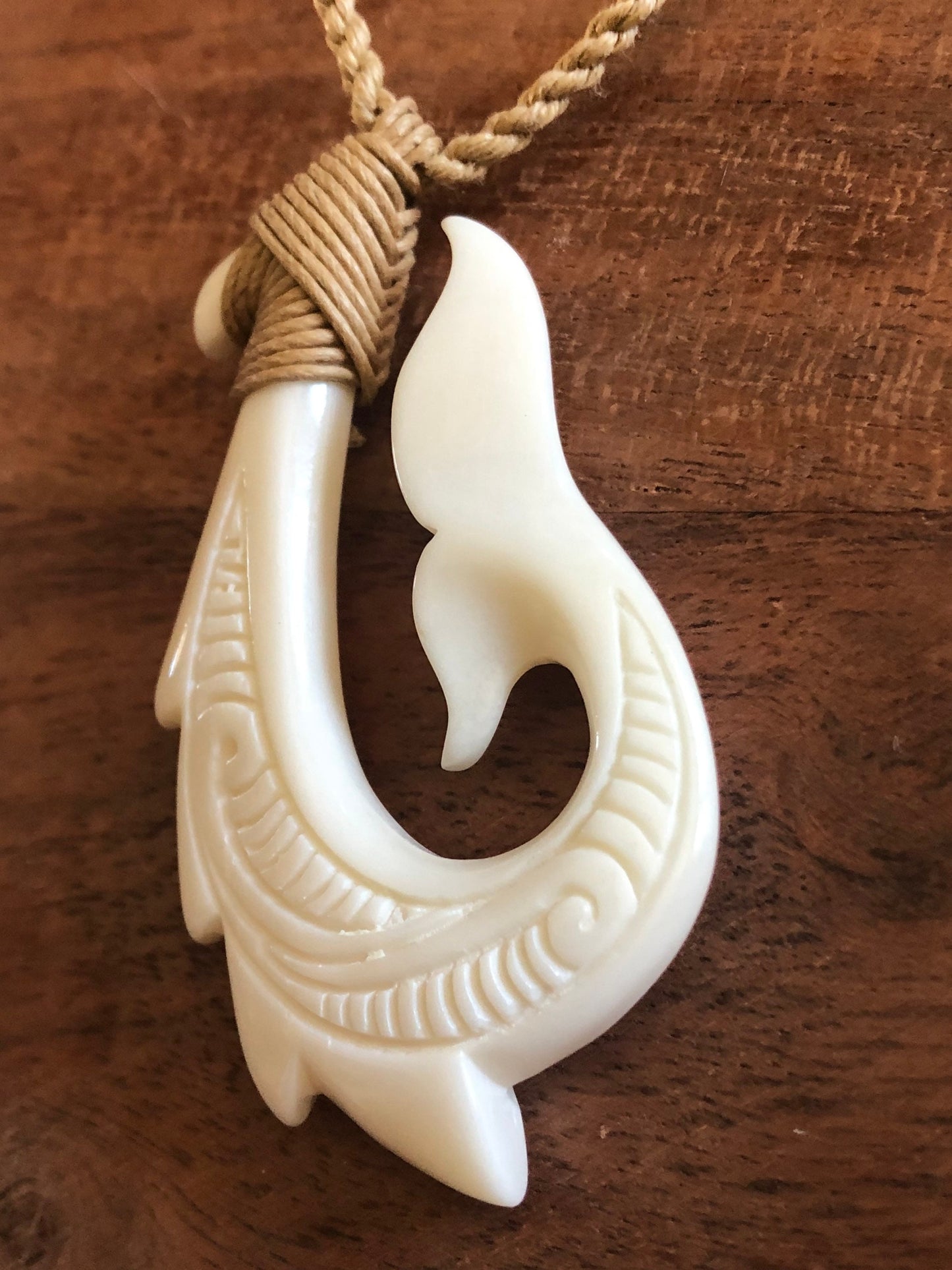Hand Carved Buffalo Bone Makau Necklace: Adjustable Boho Surfer Jewelry