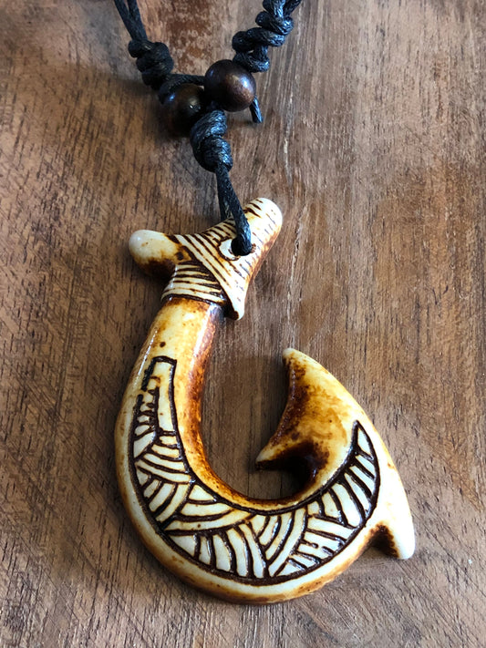 Authentically Handcrafted Polynesian Makau or a fish Hook Adjustable Bone Necklace