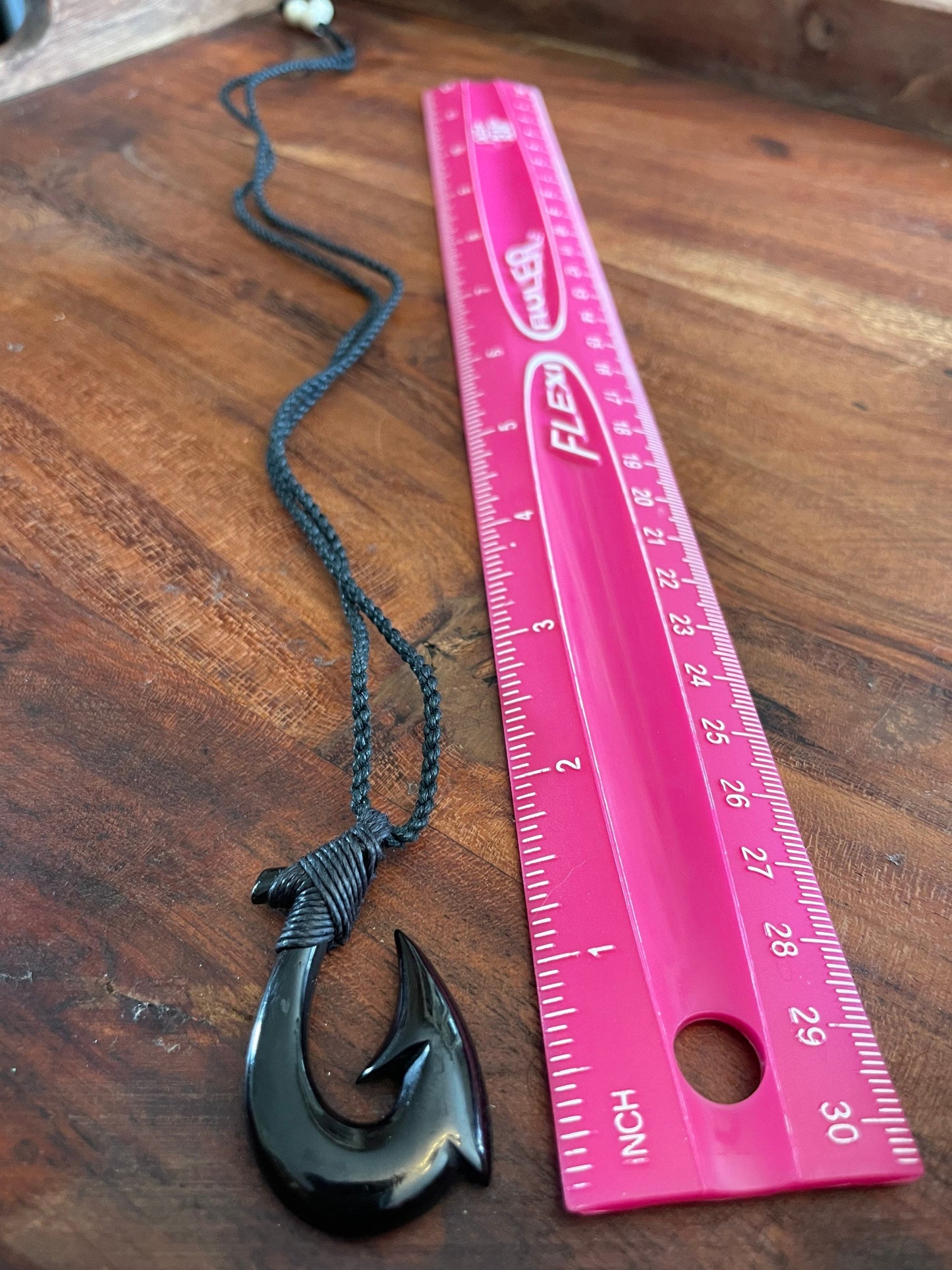 Onyx Solid Buffalo Bone/Horn, Hand Carved, Hei Makau ( Fish Hook) Adjustable Necklace