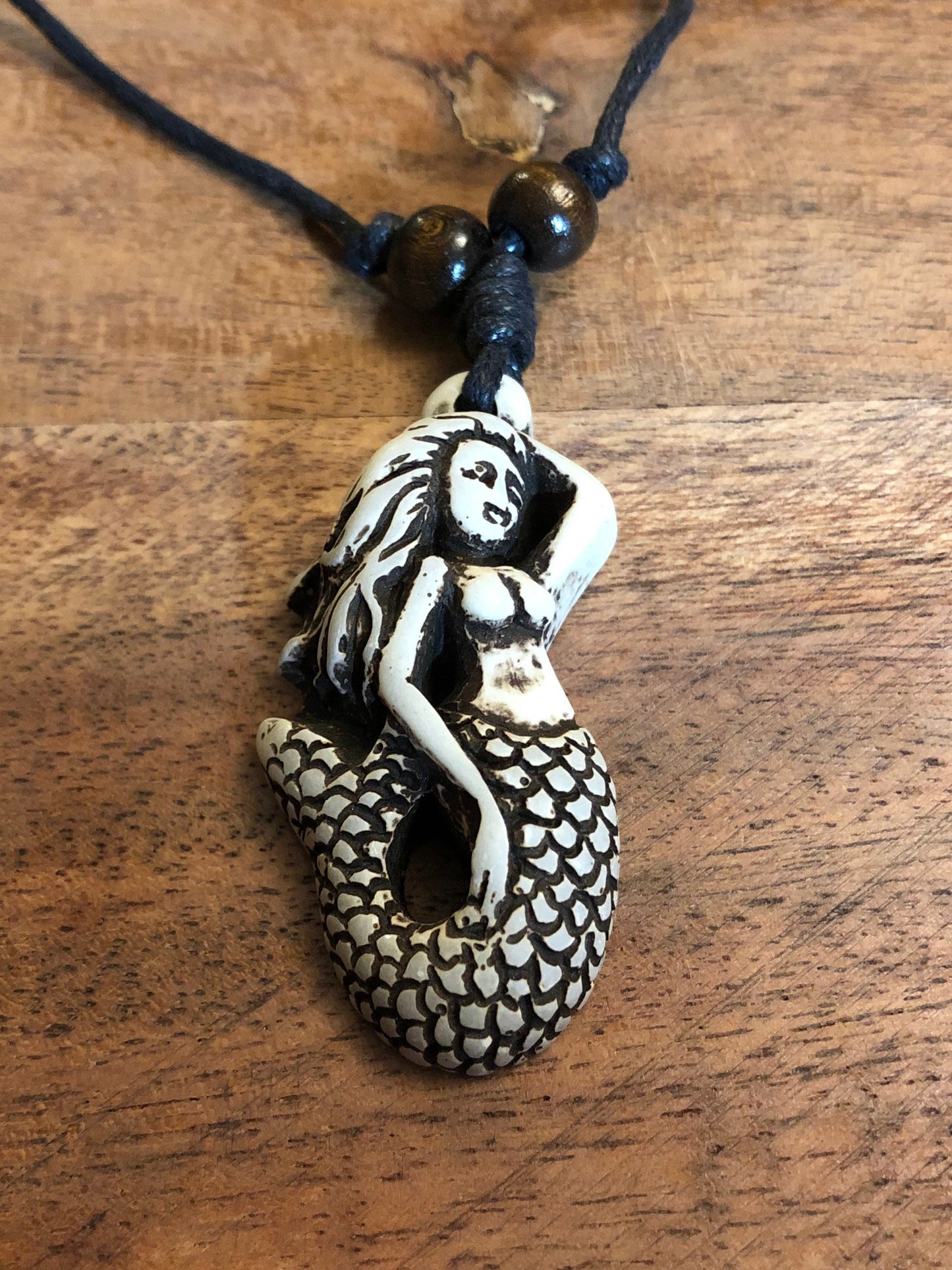 Bone & Resin Mermaid Pendant Necklace - Adjustable Surfer Cord