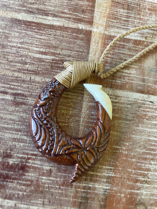 Handcarved Bone & Koa Wood Makau Pendant – Hawaiian Fish Hook Necklace