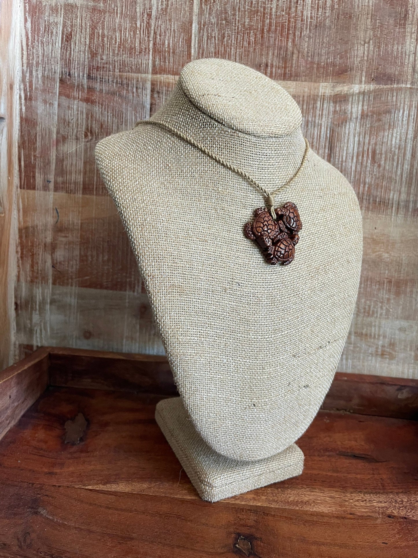 Hand Carved Koa Wood Sea Turtle Necklace – Adjustable Hemp Cord