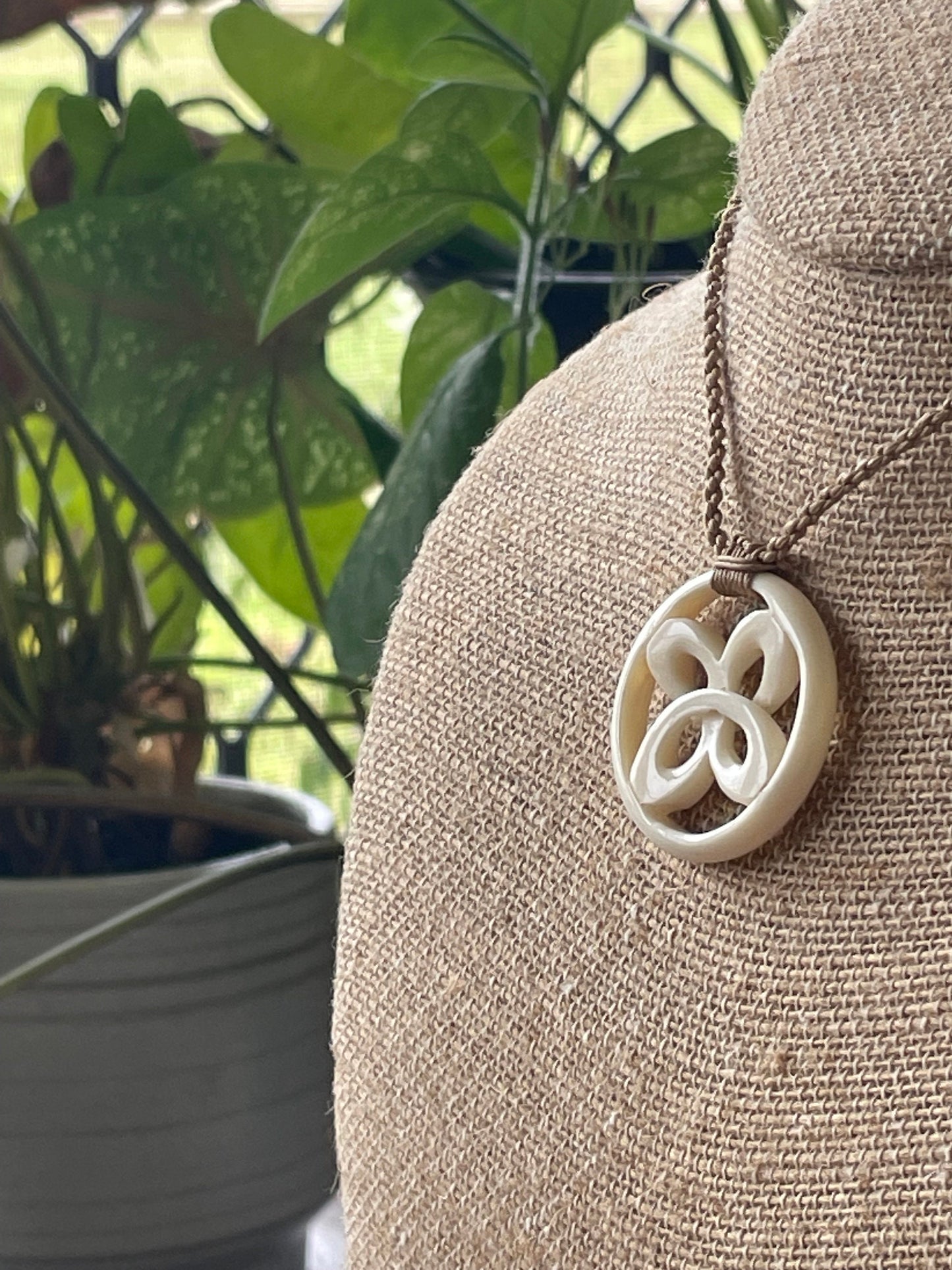 Hand Carved Buffalo Bone Polynesian Necklace – Adjustable Clover Pendant