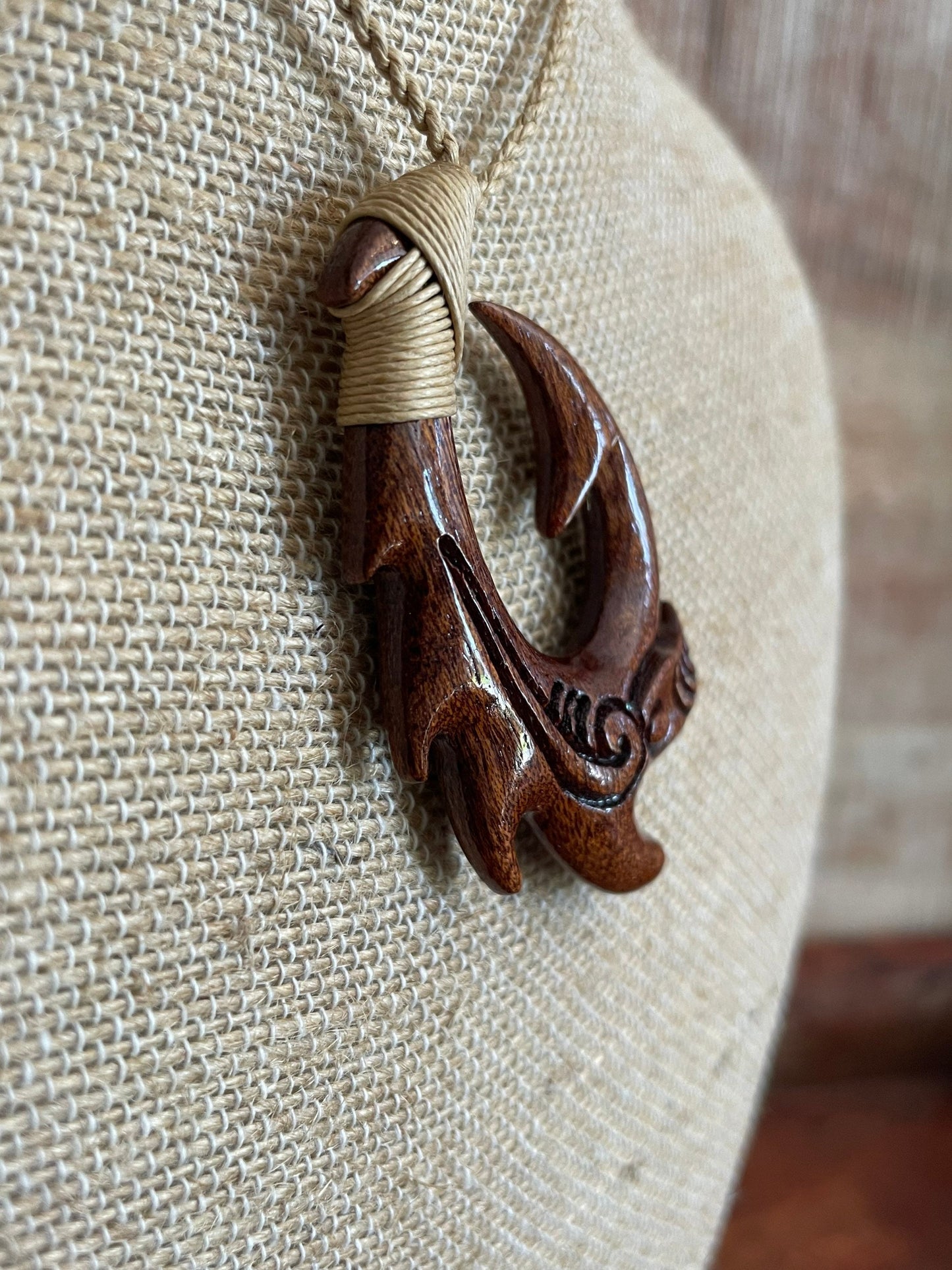 Hand Carved Koa Wood Makau Necklace, Koru Etchings, Adjustable Hemp Cord