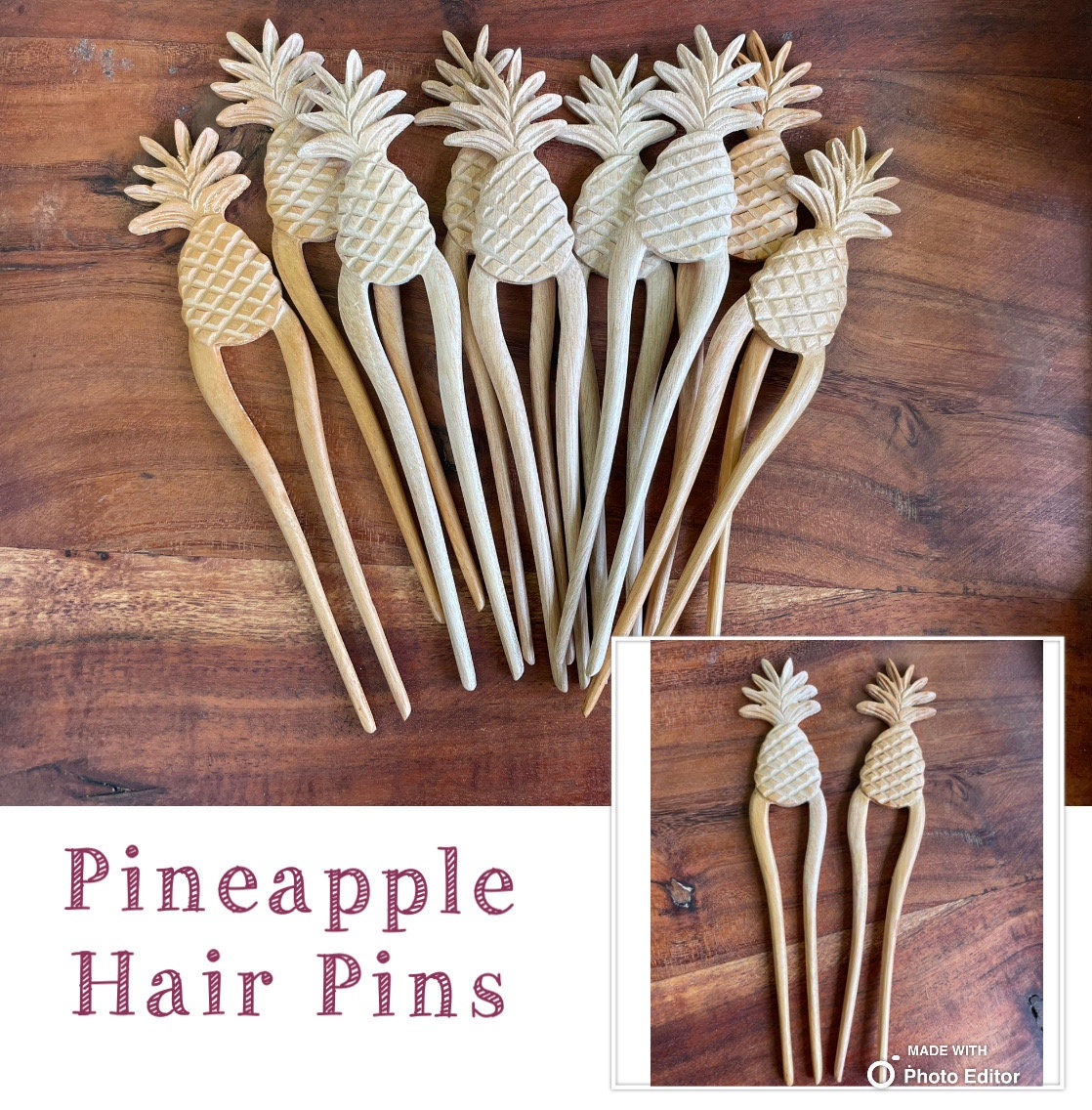 Hand-Carved Wooden Hair Fork – Polynesian Floral & Turtle Design