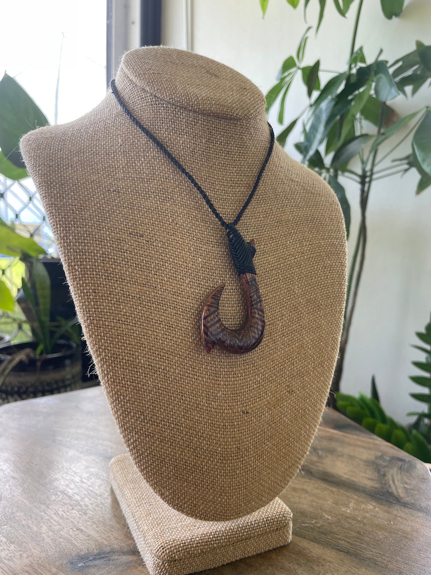 Handsomely Hand Carved Koa Wood Hawaiian Makau (Fish Hook) Necklace with Traditional Polynesian Designs. Adjustable Surfer Cord for Anyone