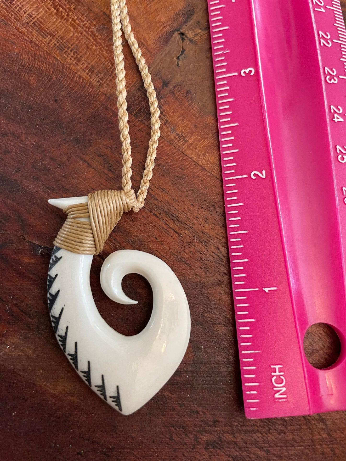 Hand Carved Buffalo Bone Makau Fish Hook Necklace - Koru Tip, Surfer Cord