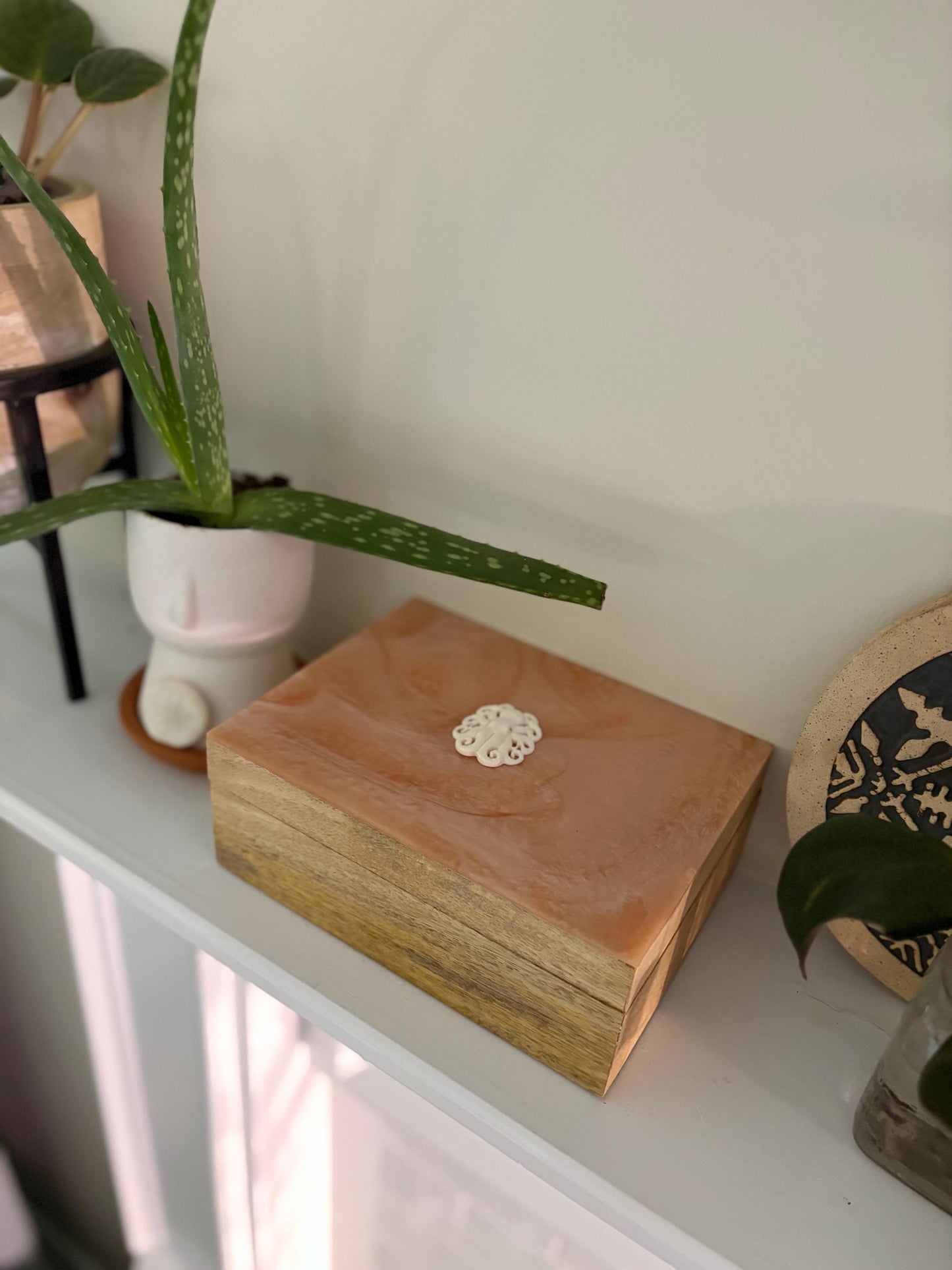 Hand-Crafted Polynesian & Micronesian Wooden and Faux Shell Inlay Box with Bone Octopus Decor