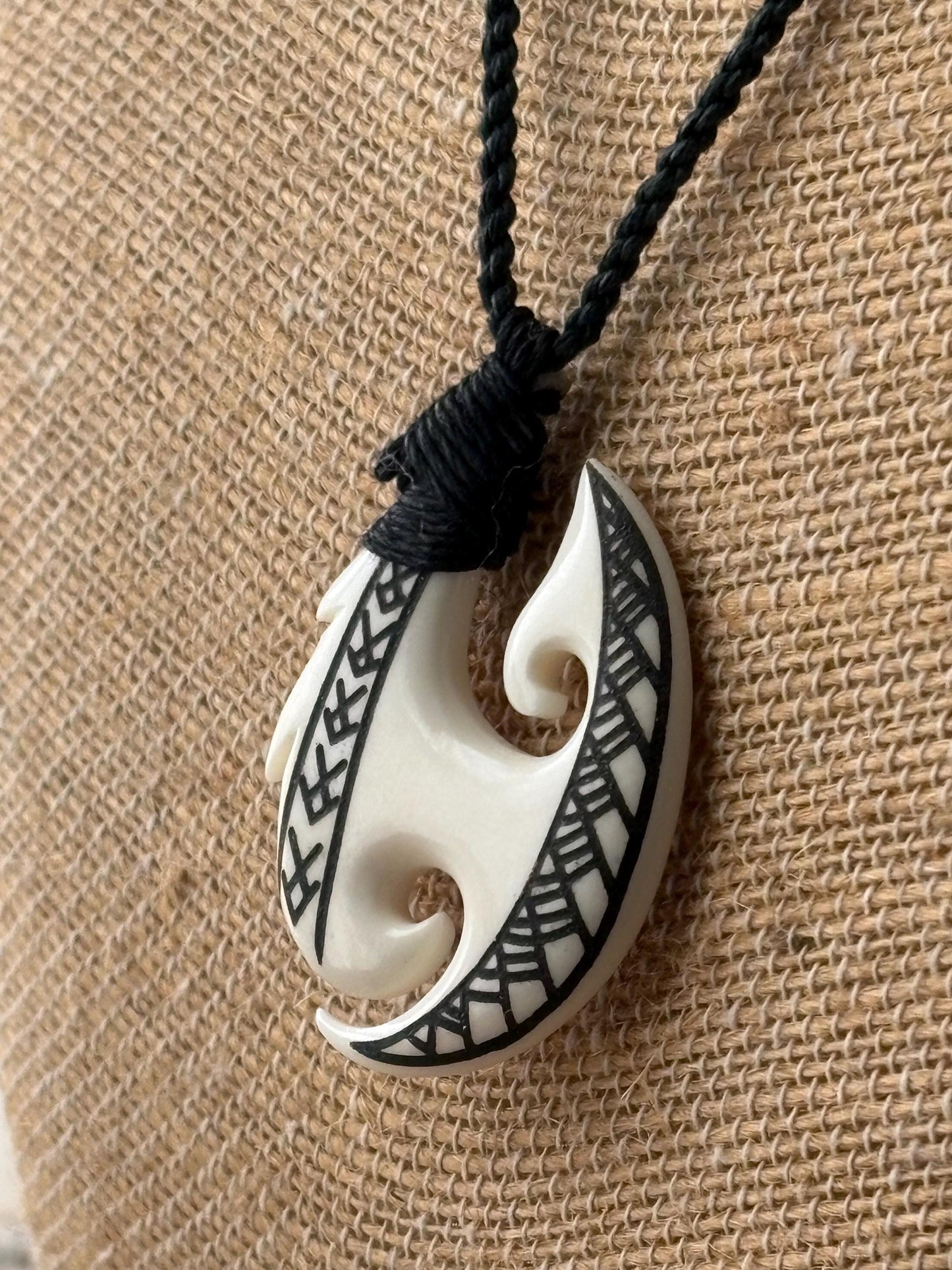 Hand Carved Buffalo Bone Makau Fish Hook Necklace Engraved with Pasefika Symbolism