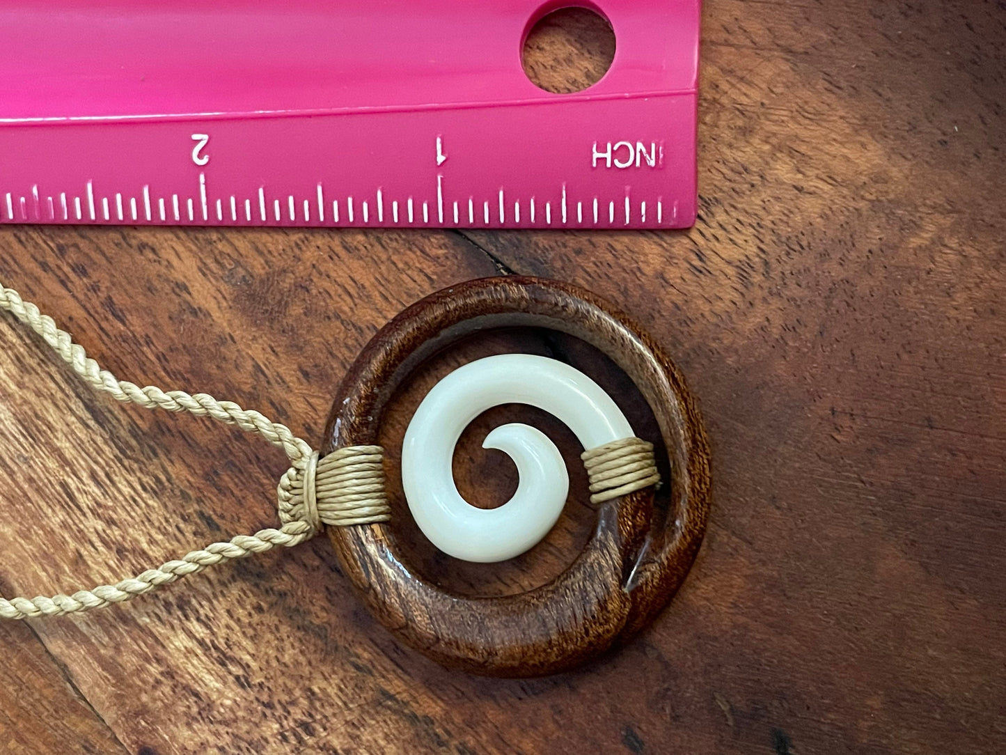 Solid Buffalo Bone and Koa Wood Adjustable Koru Necklace- Hawaiian Representation “Never Give-Up”