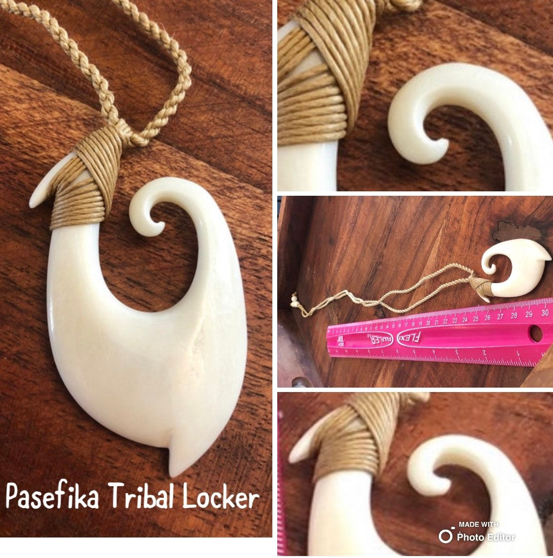 Unique Handsomely Polished Hand-Carved Buffalo Bone Hei Makau (Fish Hook) with Koru Tip