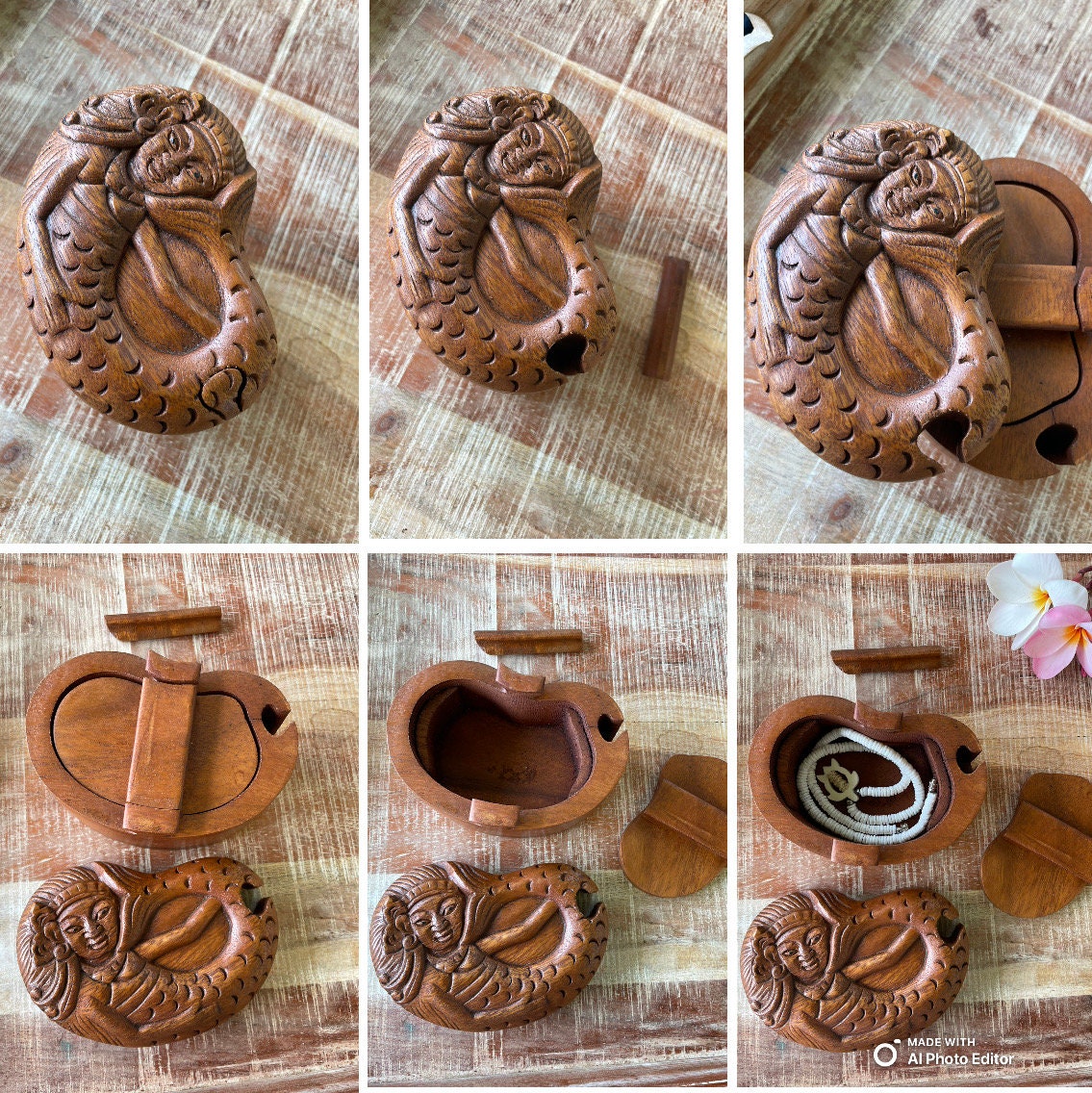 Hand Carved Mermaid Puzzle Box – Sea Hibiscus Wood Hidden Compartment