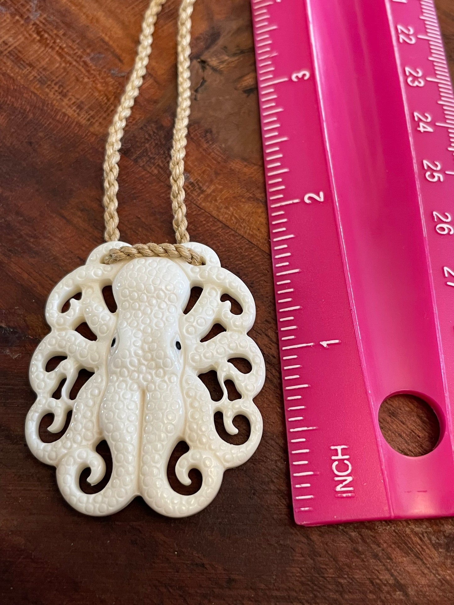 Hand Carved Buffalo Bone Octopus Pendant, Surfer Cord Necklace