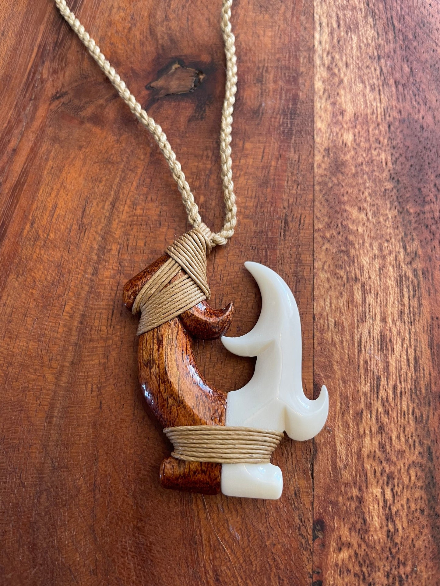 Hand Carved Koa Wood Fish Hook Necklace - Buffalo Bone Makau