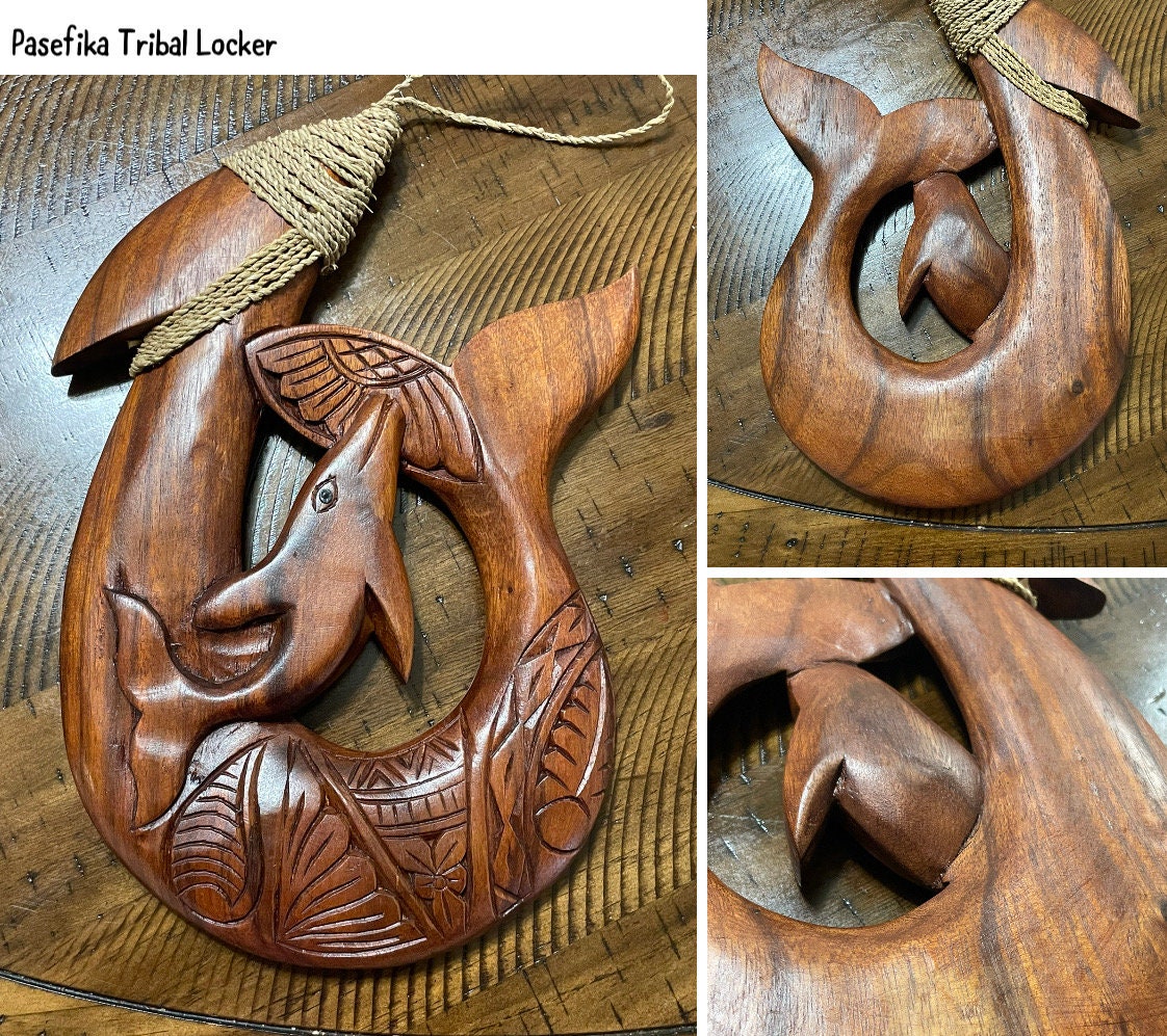 Hand-Carved Sea Hibiscus Wood Makau – Dolphin Tribal Design