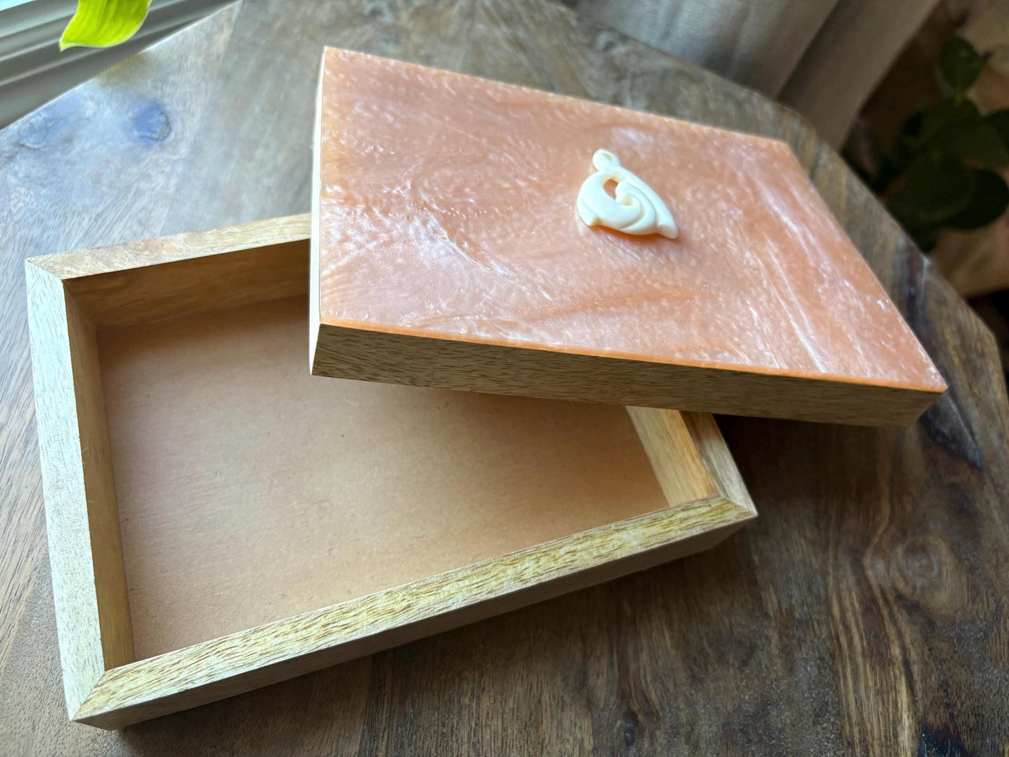 Hand-Crafted Polynesian & Micronesian Wooden and Faux Shell Inlay Box with Bone Koru Decor