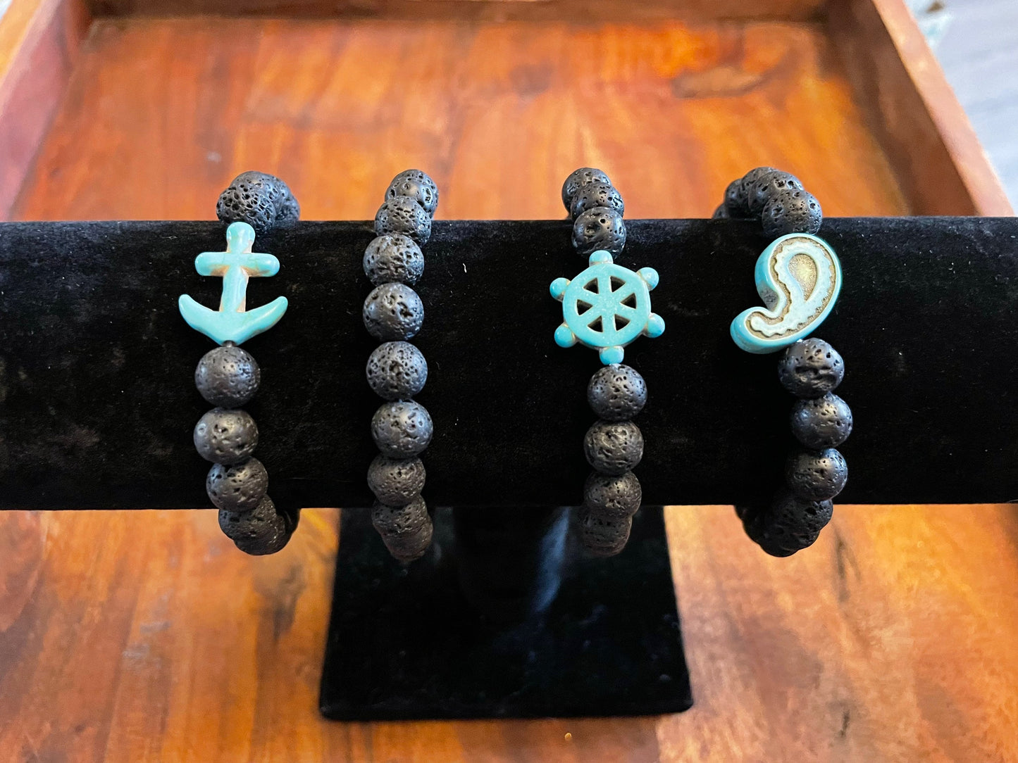 Real Lava Bead Elastic Bracelets with Turquoise Nautical Clay Bead Accent Beads