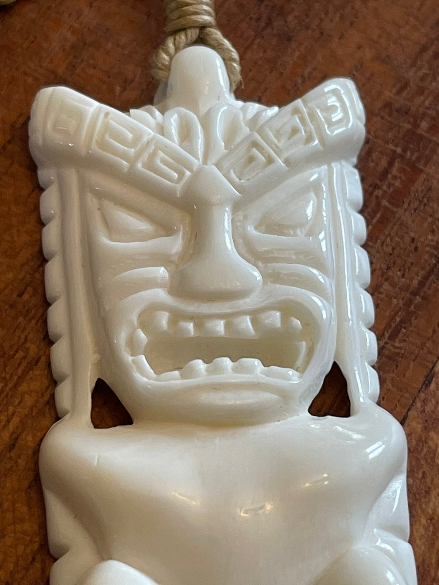 Finely Detailed Polynesian Hand Carved Solid Bone Tiki Adjustable Necklace