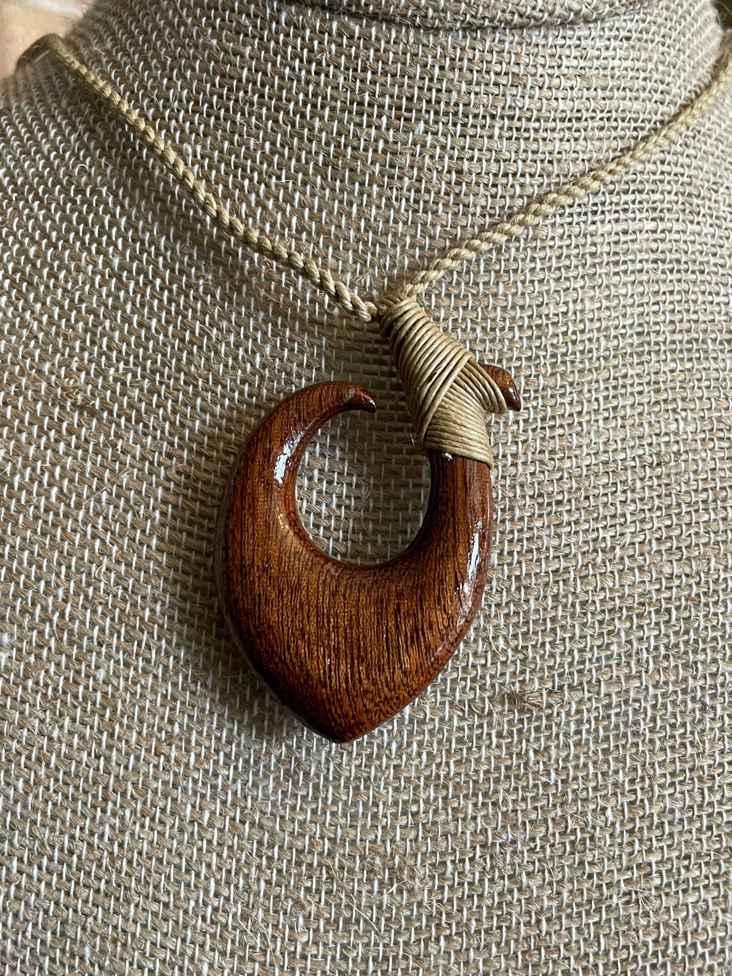 Hand Carved Koa Wood Makau Necklace, Polynesian Engraving