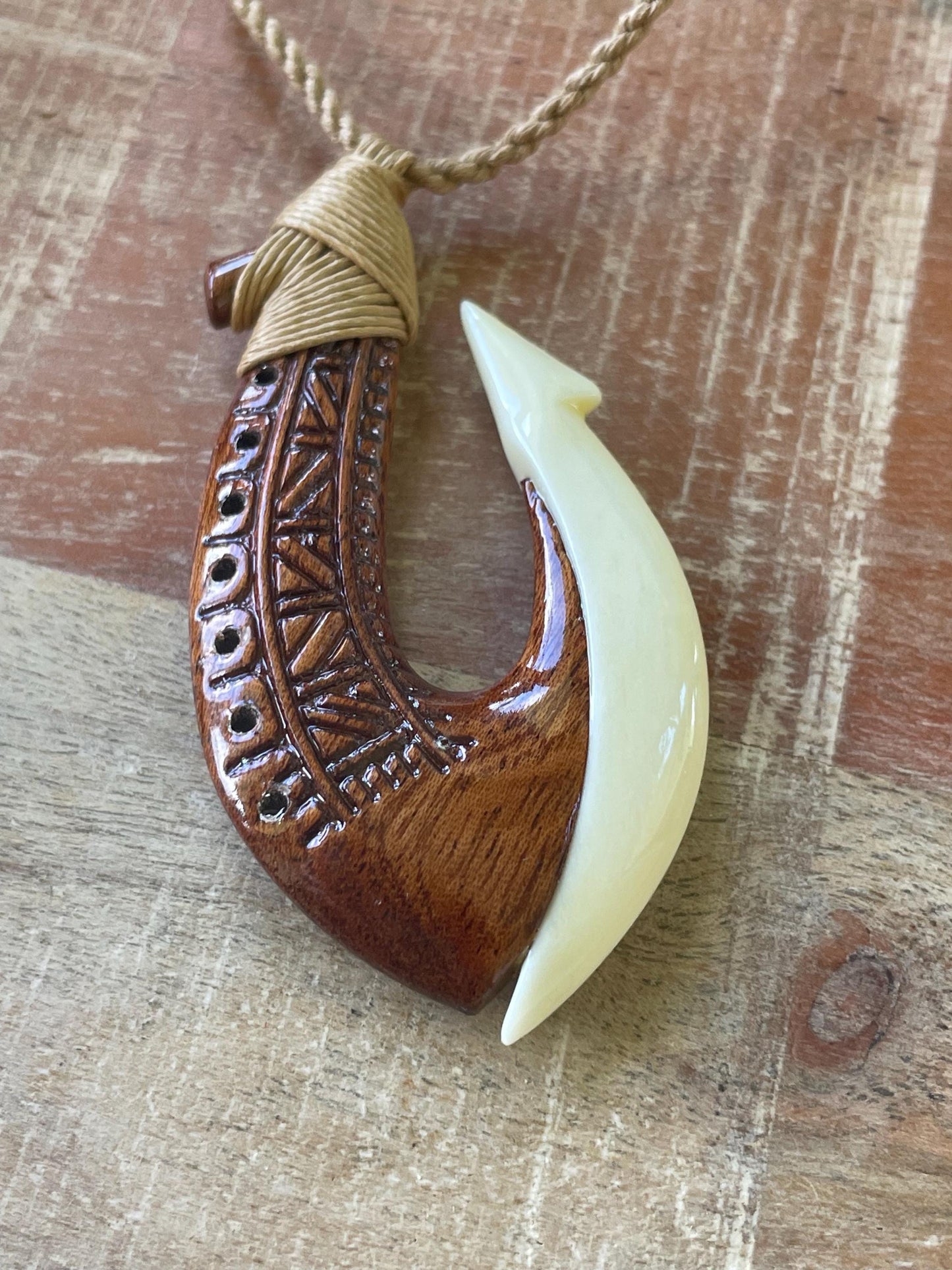 Handcarved Bone & Koa Wood Makau Necklace – Adjustable Cord