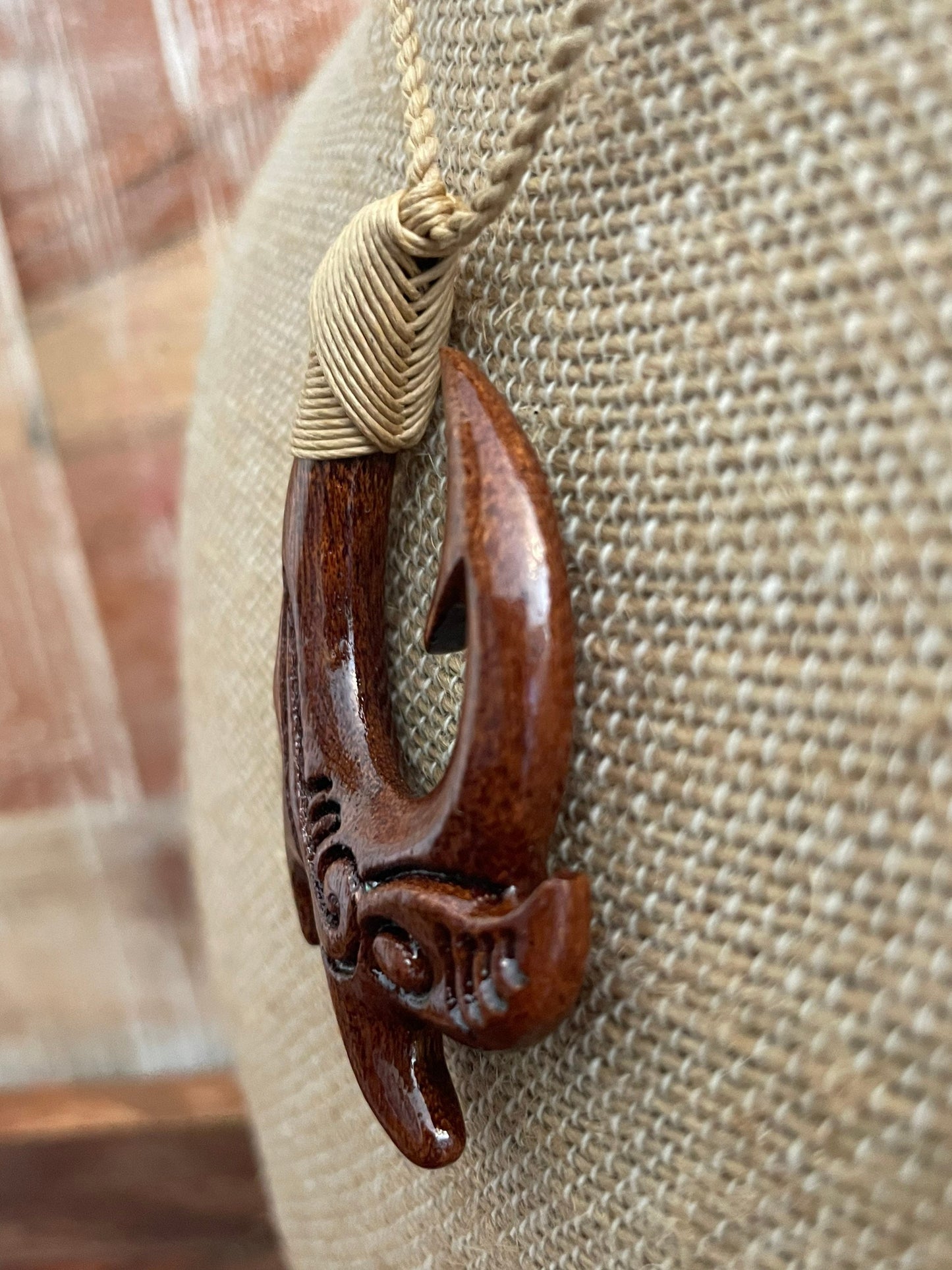 Hand Carved Koa Wood Makau Necklace, Koru Etchings, Adjustable Hemp Cord