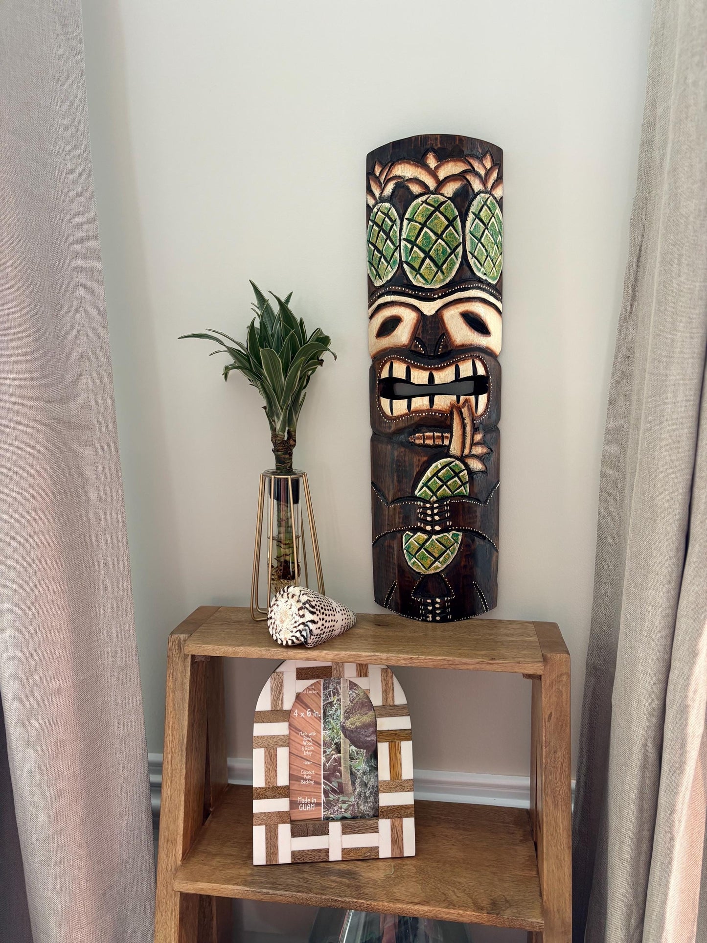 Pineapple Themed Teakwood Lightweight Handcarved and Handpainted Hawaiian Tiki Display
