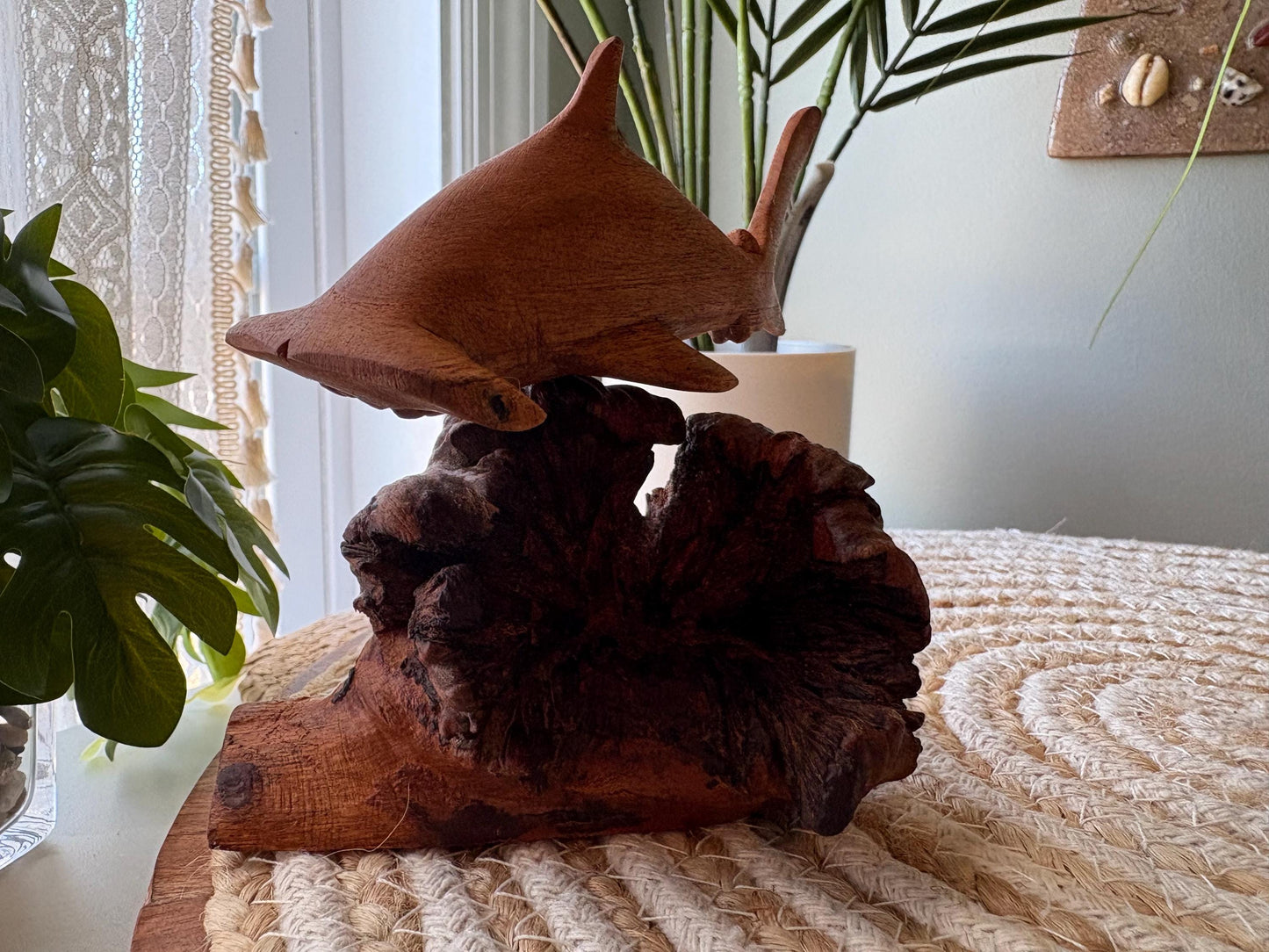 Hand Carved Hammerhead Shark Sculpture on Leech Wood