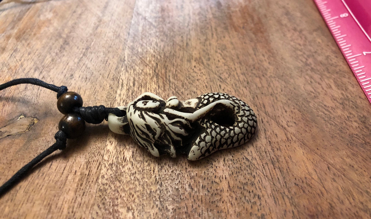 Bone & Resin Mermaid Pendant Necklace - Adjustable Surfer Cord
