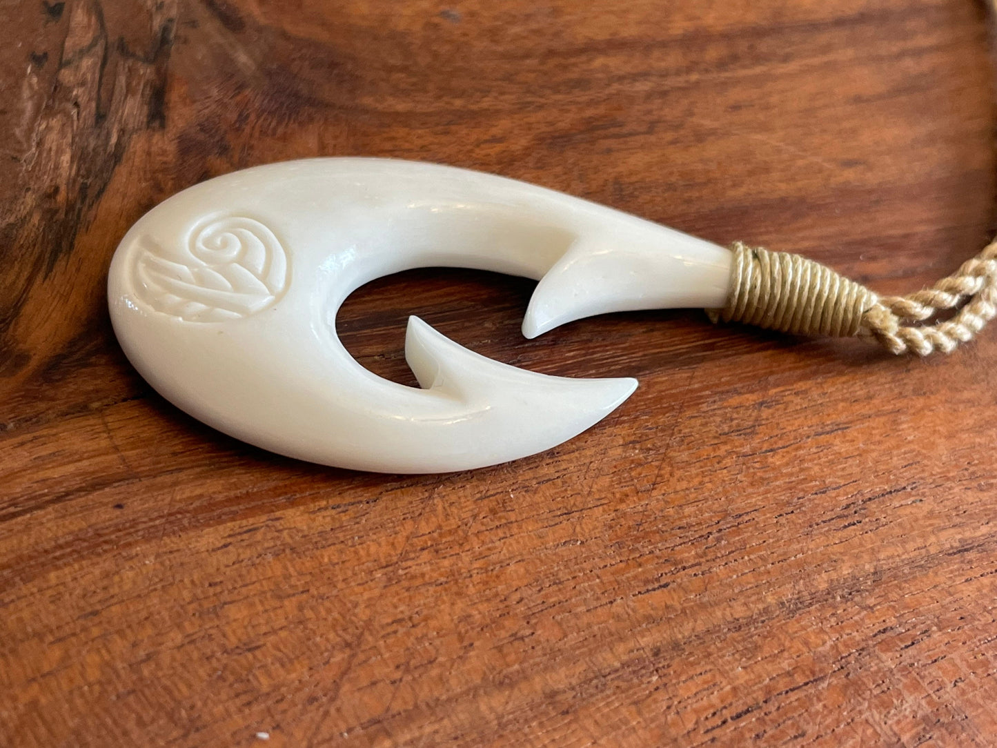 Hand Carved Buffalo Bone Fish Hook Necklace – Koru Fern Design