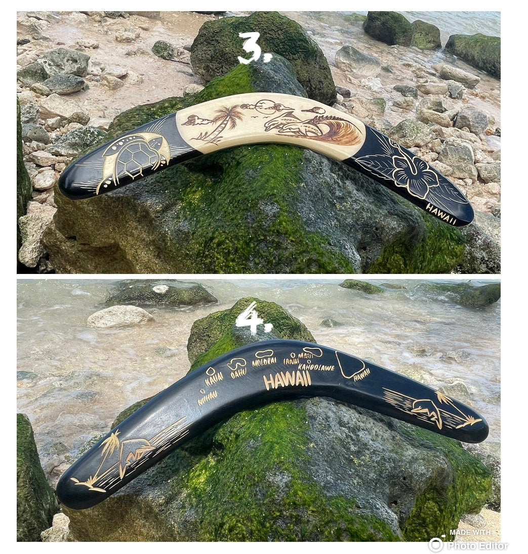 Aboriginal Polynesian Solid Wood Boomerangs with Hand Carved Hawaiian Maps, Symbols and Aloha!