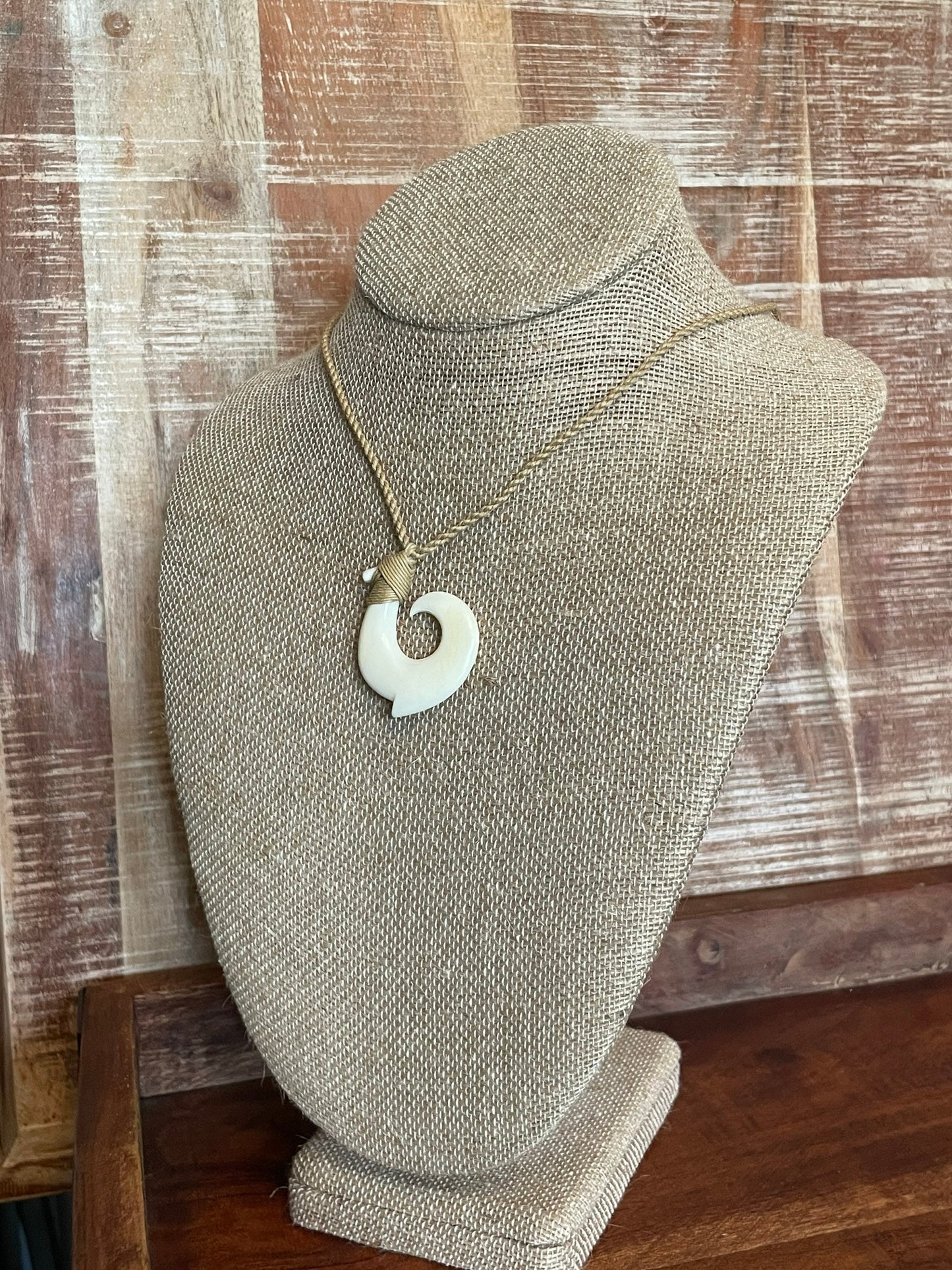 Hand Carved Bone Makau Necklace - Adjustable Polynesian Fish Hook