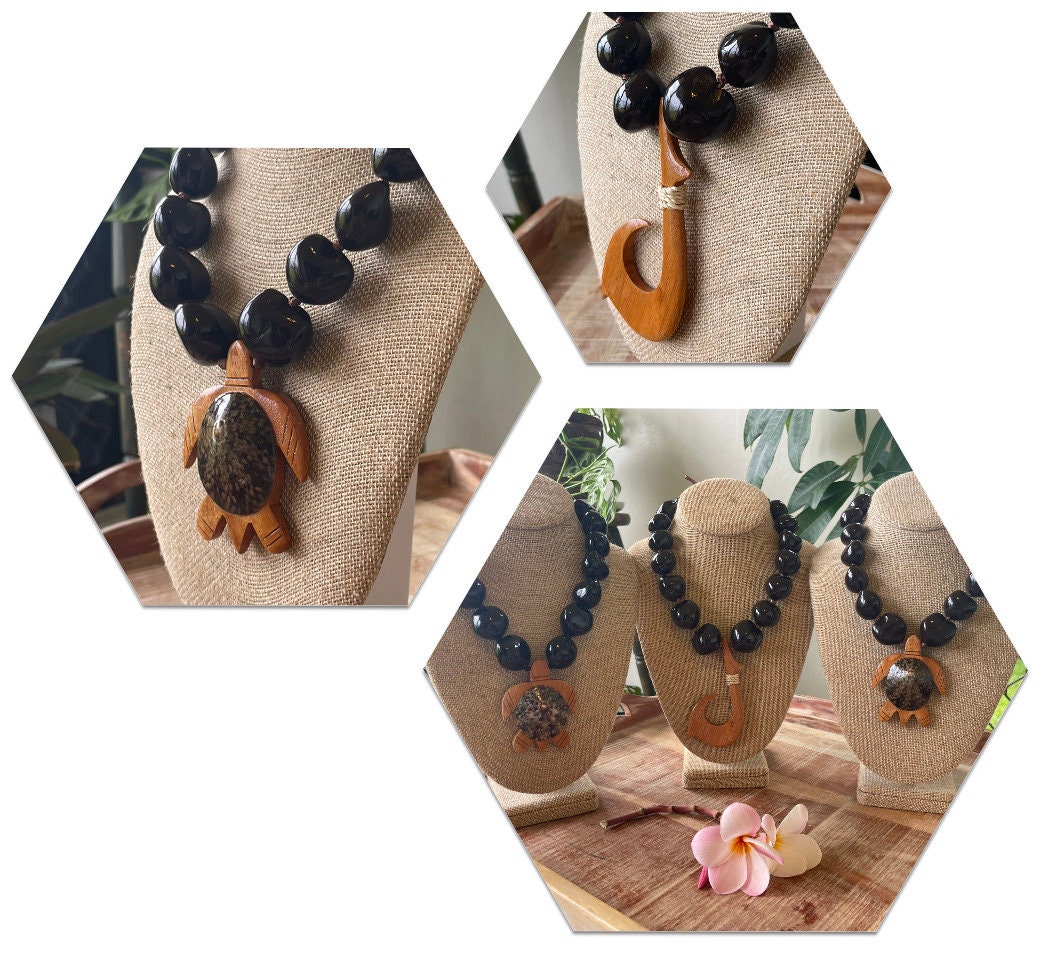 Kukui Nut Lei, Fish Hook or Sea Turtle Pendant, Albesia Wood & Shell