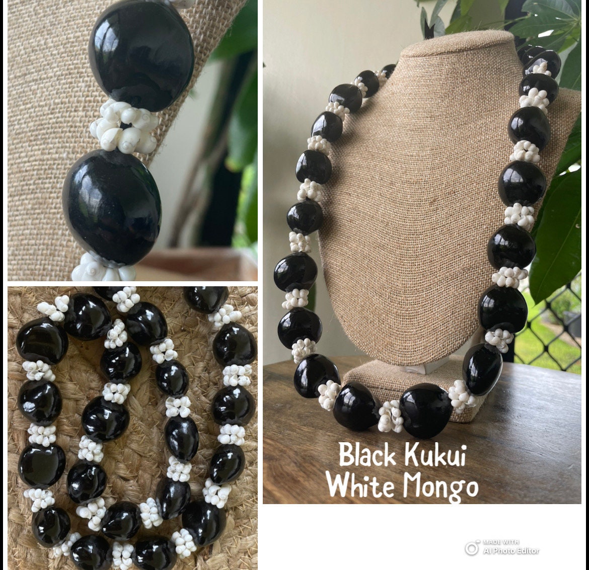 Authentic Kukui Nut Lei – Mongo Shell Necklace, Adjustable Ribbon