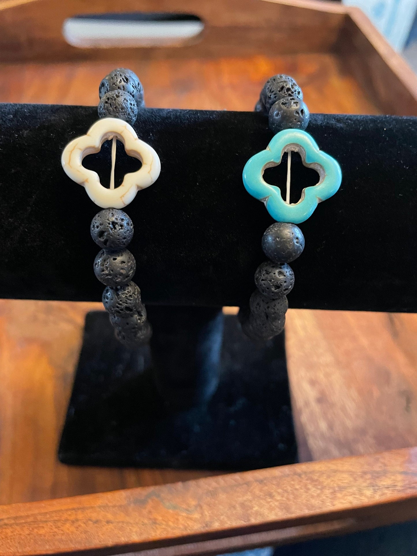 Authentic Lava Bead Elastic Bracelet with Clay Bead Clover Accent