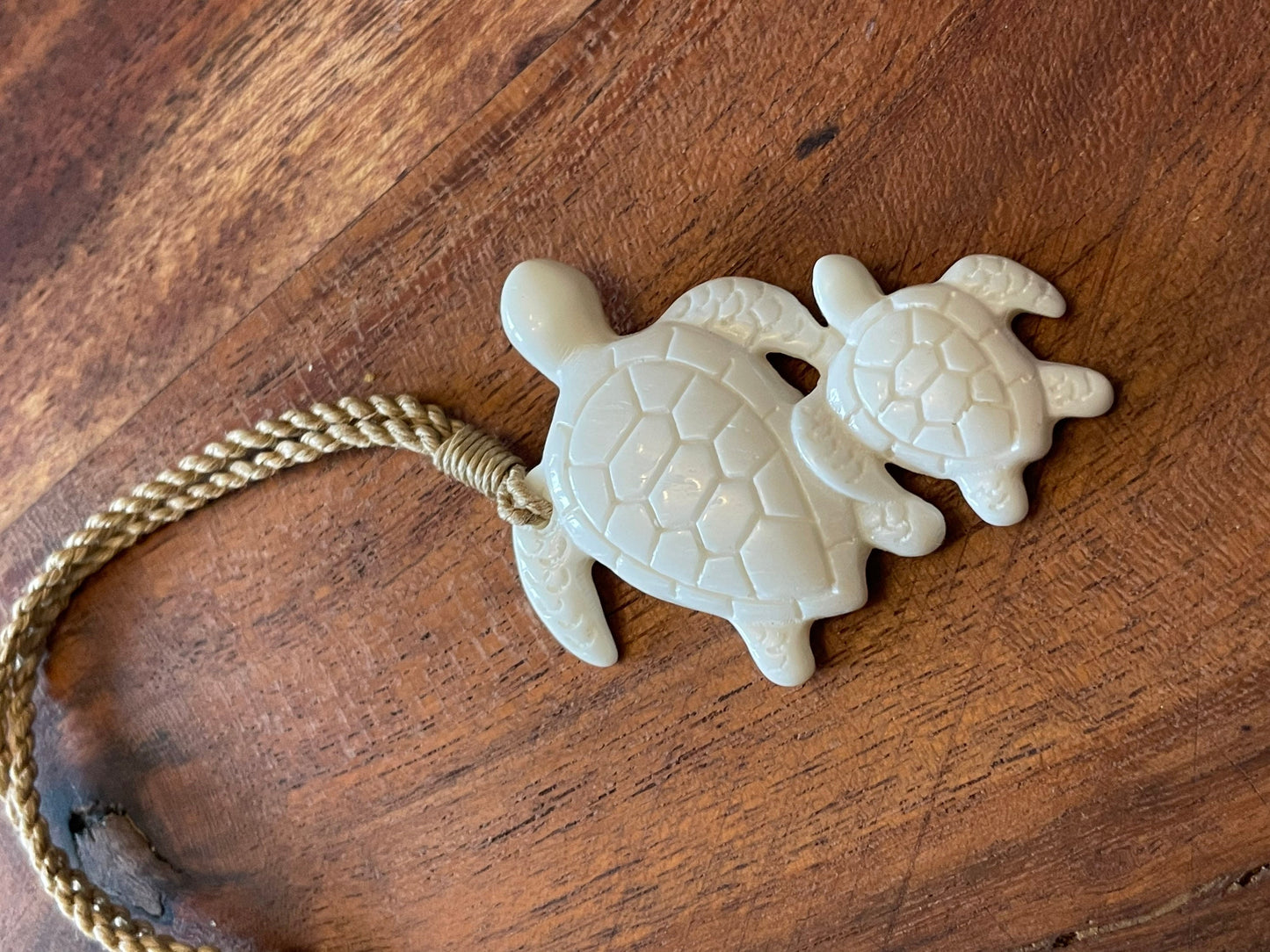 Momma and Baby Sea Turtle Duo Hand Carved Solid Bone Adjustable Necklace