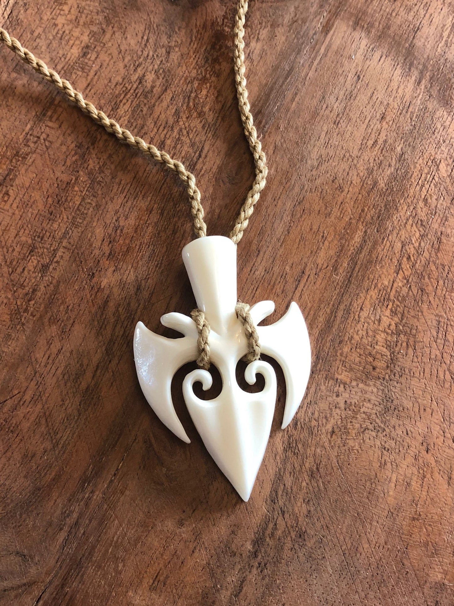 Hand Carved Buffalo Bone Trident Necklace, Adjustable Polynesian Jewelry