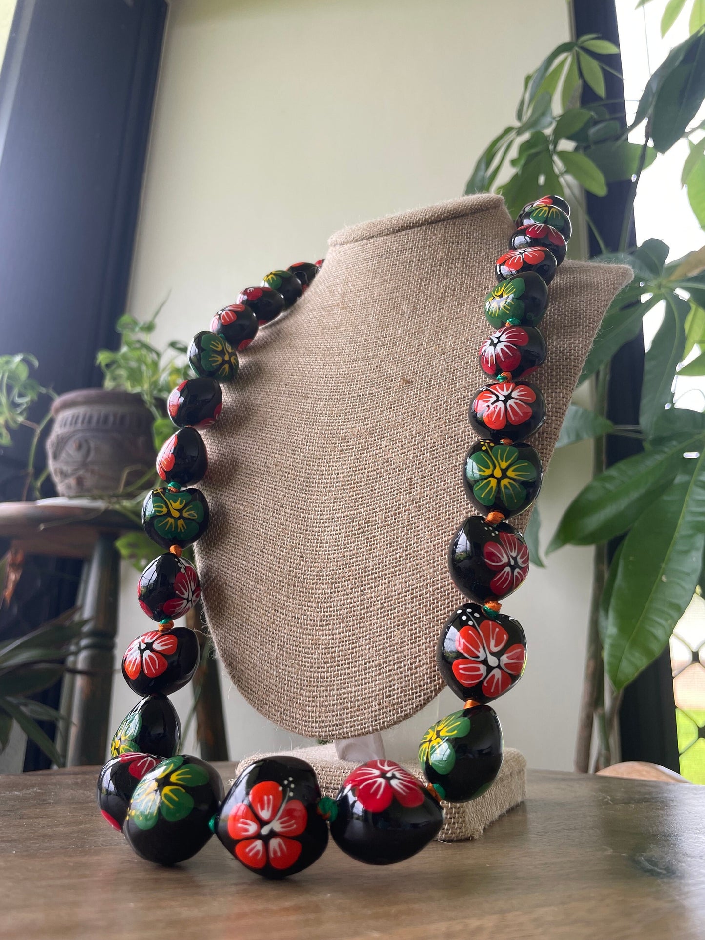 Hand Painted Kukui Nut Lei: Multi-Colored Hibiscus, Ribbon Tie