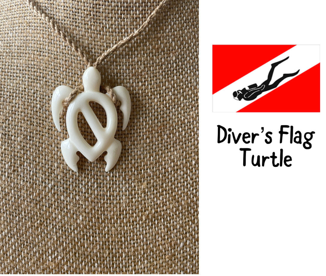 Diver’s Hand Carved Solid Bone Polynesian & Micronesian Dive Flag Turtle Necklace