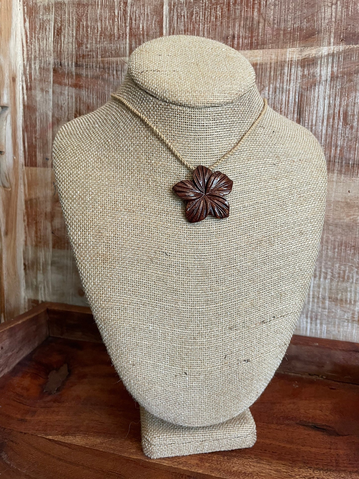 Hand Carved Koa Wood Plumeria Necklace - Adjustable Hemp Boho Jewelry