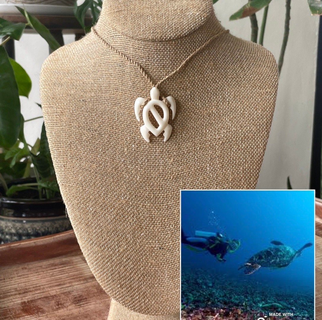 Diver’s Hand Carved Solid Bone Polynesian & Micronesian Dive Flag Turtle Necklace