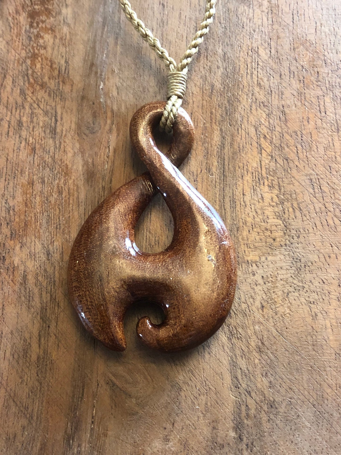 Nautical Tribal Solid Koa Wood Handcarved Pikorua or Infinity Symbol Adjustable Necklace