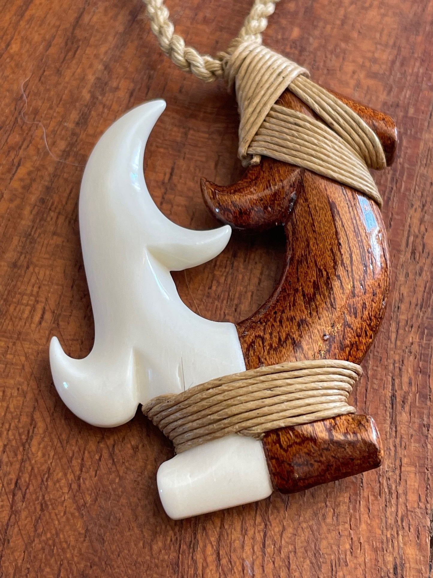 Hand Carved Koa Wood Fish Hook Necklace - Buffalo Bone Makau