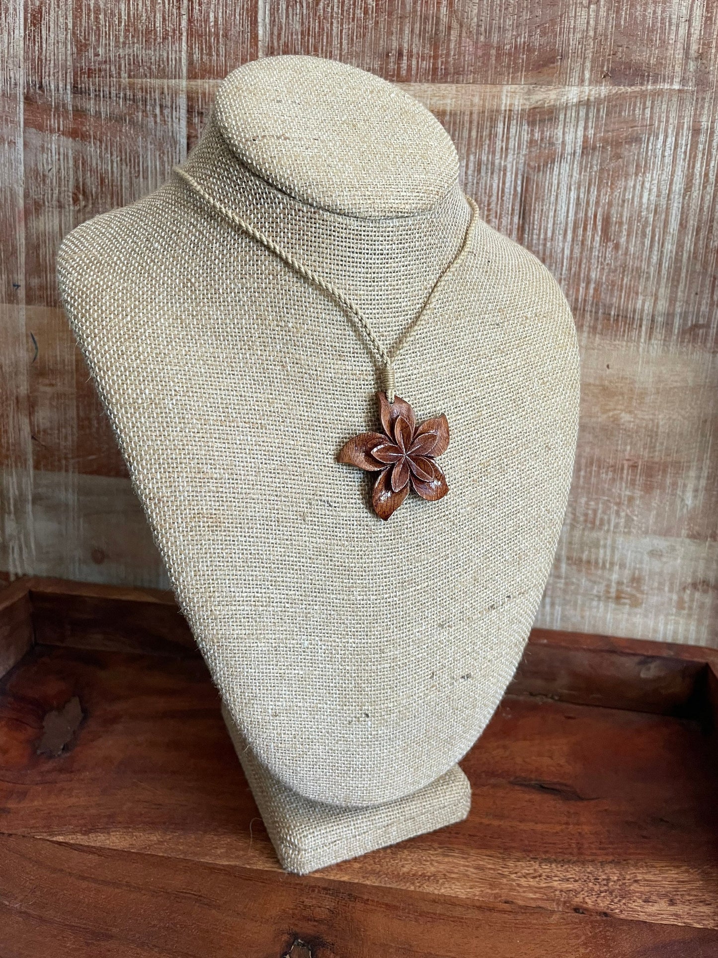 Hand Carved Koa Wood Plumeria Necklace - Adjustable Hemp Cord