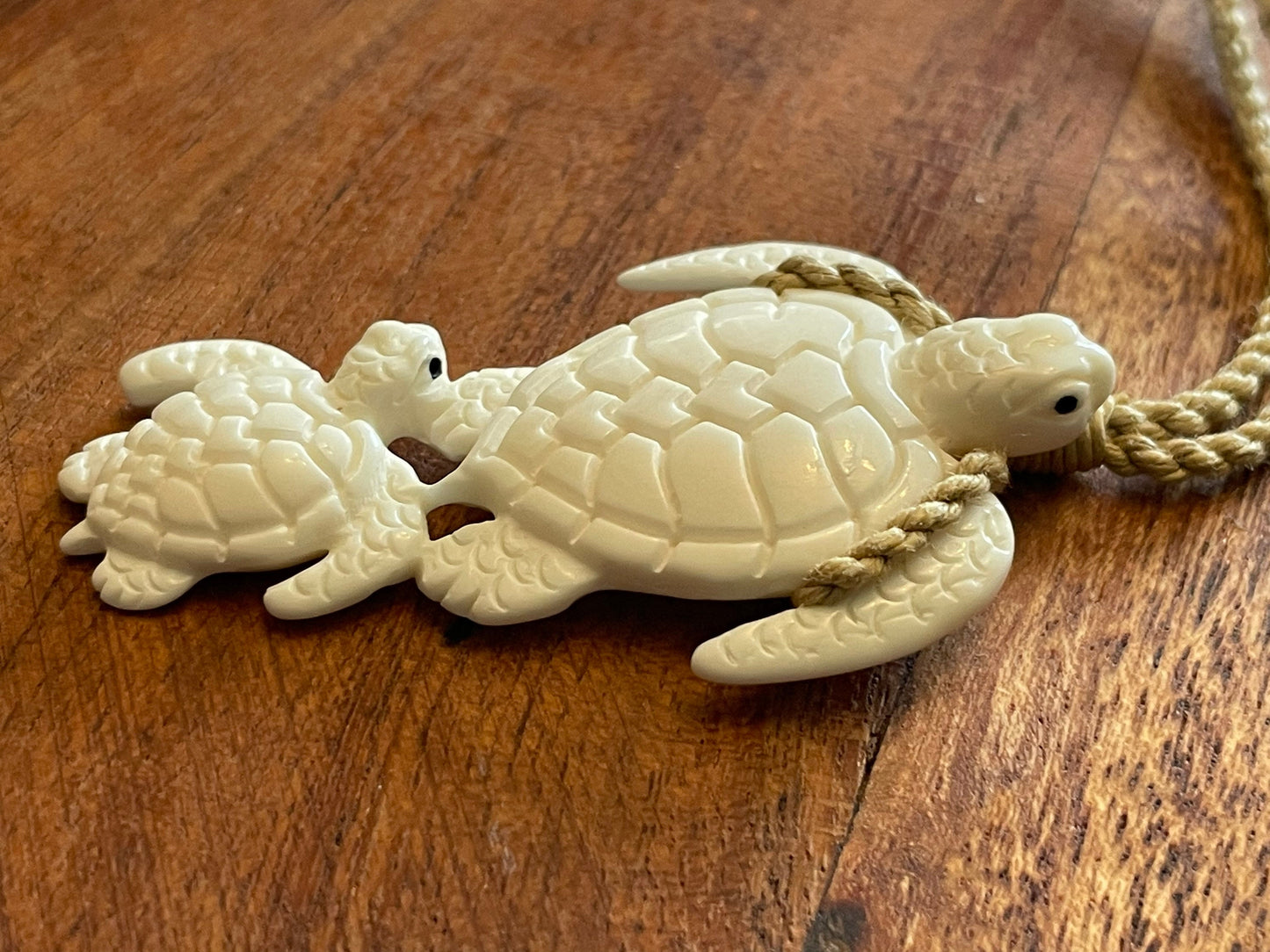 Sweet Pair of Polynesian Sea Turtles Carved from Solid Bone Adjustable Necklace