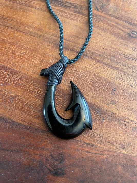 Onyx Solid Buffalo Bone/Horn, Hand Carved, Hei Makau ( Fish Hook) Adjustable Necklace