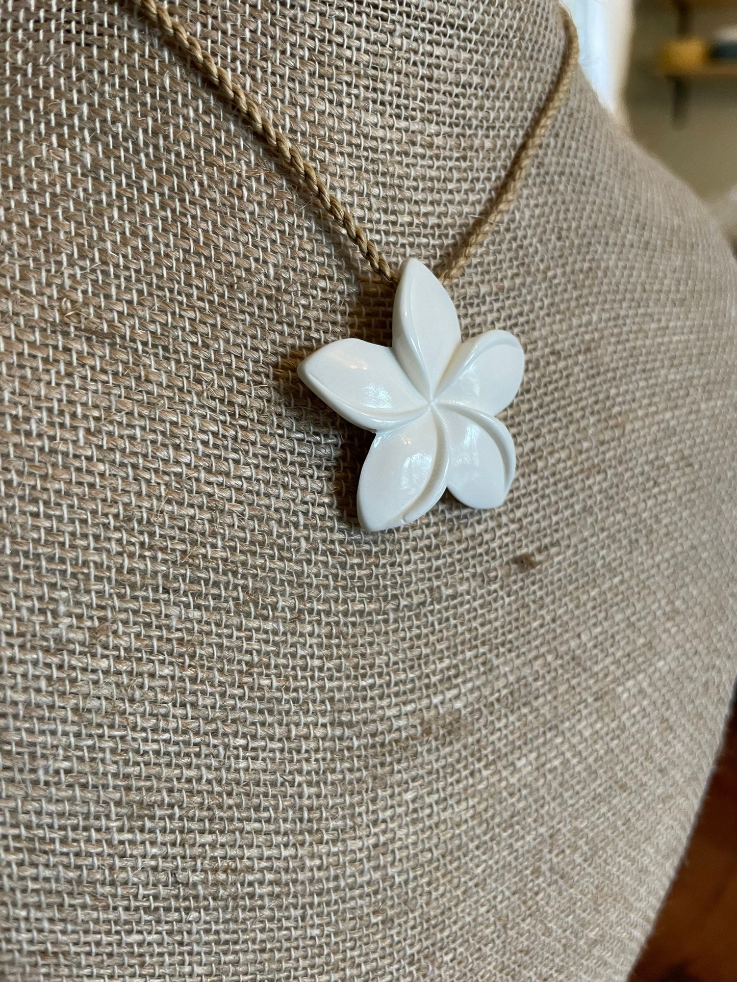 Hand-Carved Bone Plumeria Necklace – Adjustable Hawaiian Cord