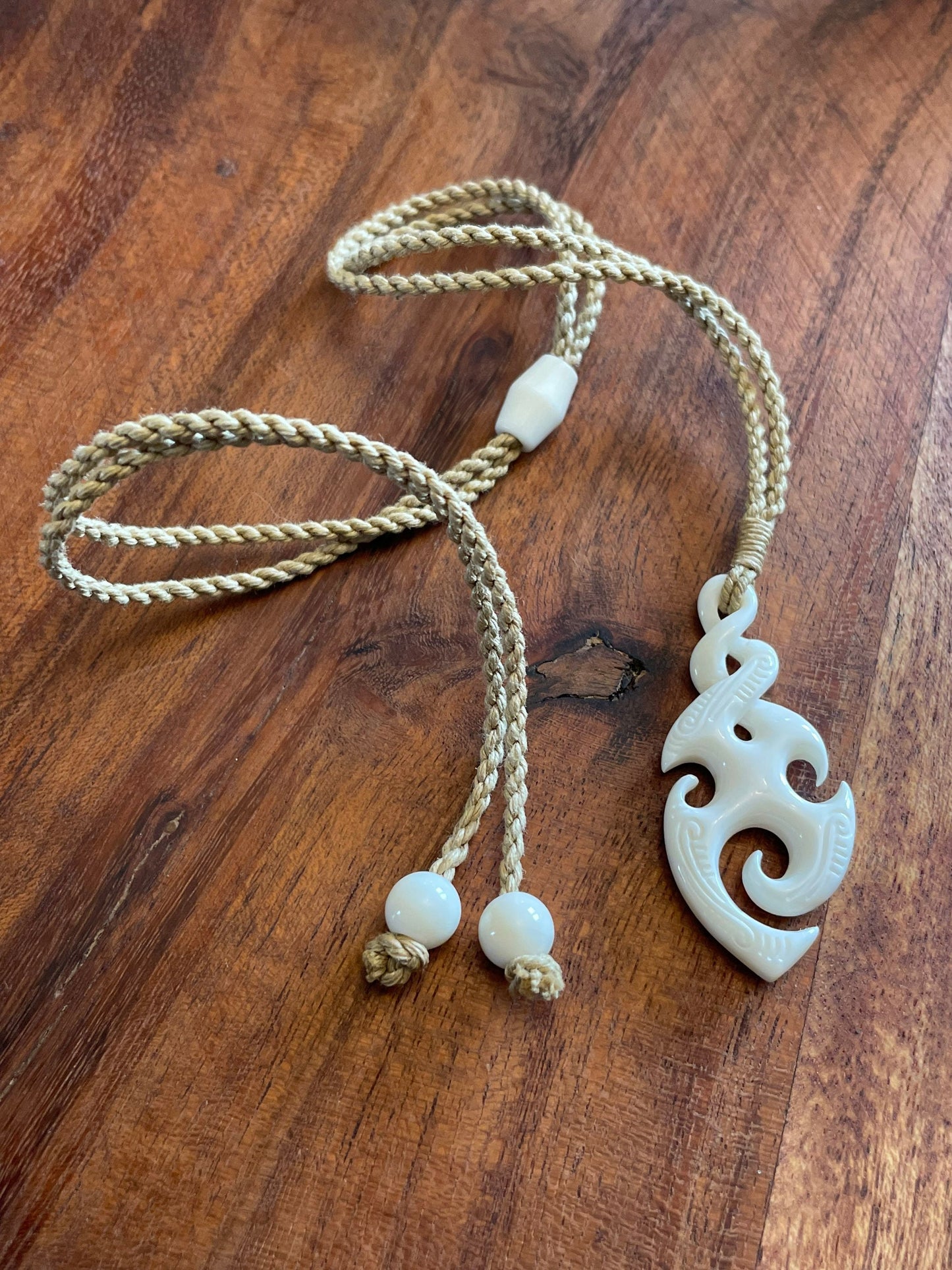 Hand Carved Buffalo Bone Pikorua Necklace, Adjustable Polynesian Jewelry